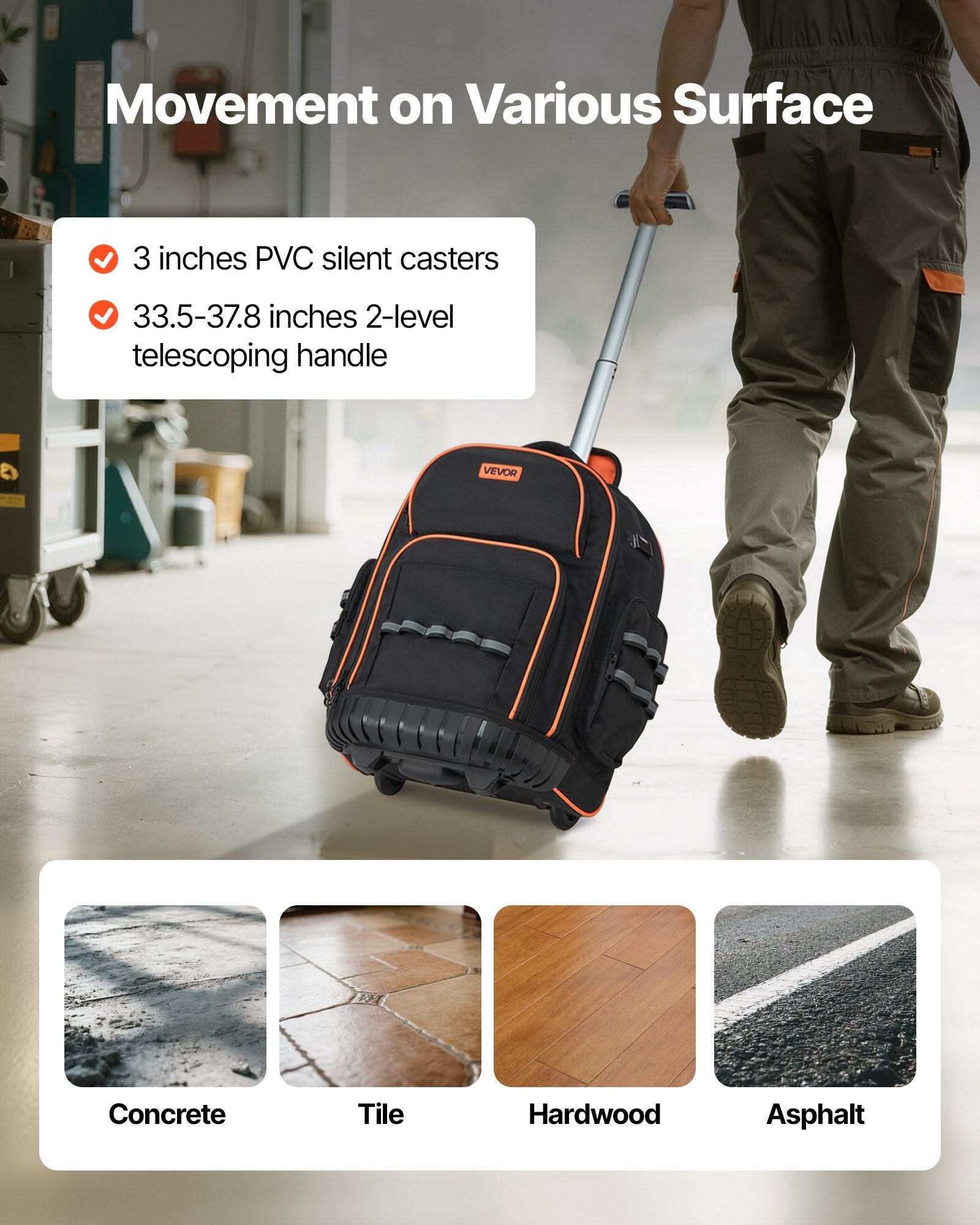 Rolling Tool Backpack 110lbs Load 45 Pockets Heavy Duty Roller Bag w/Wheels