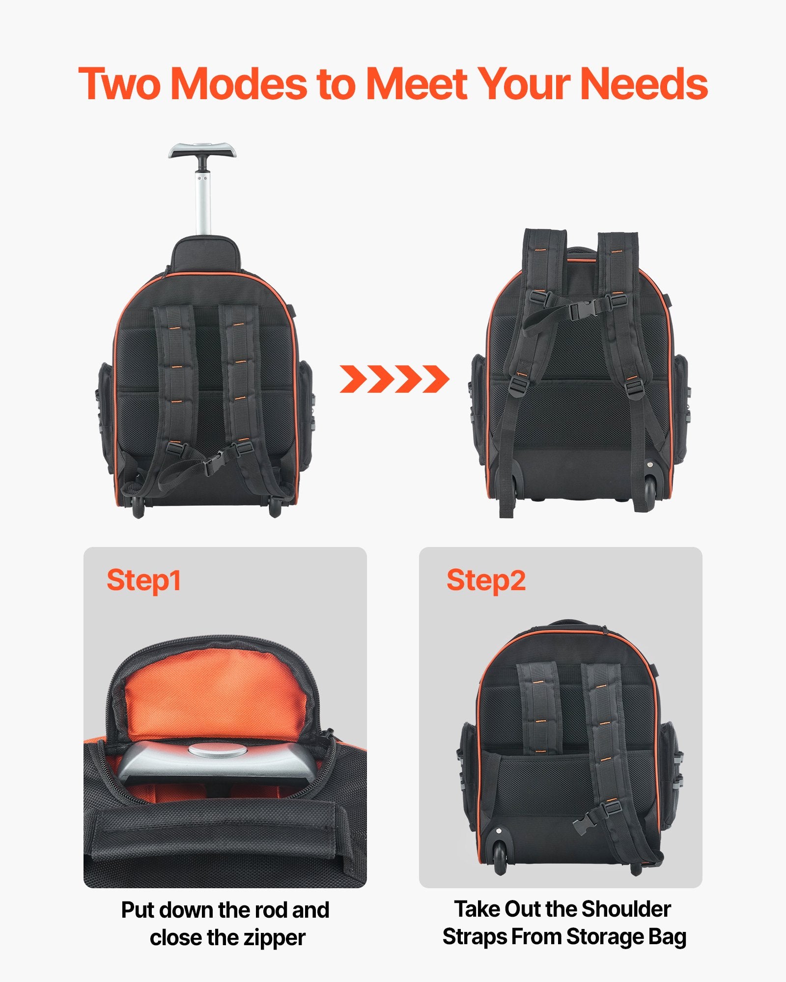 Rolling Tool Backpack 110lbs Load 45 Pockets Heavy Duty Roller Bag w/Wheels