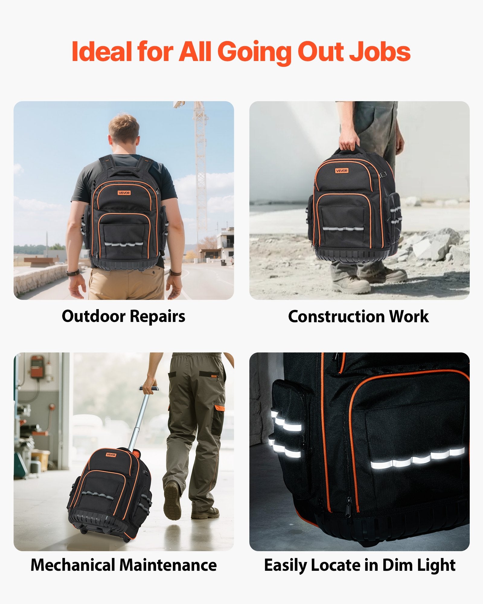 Rolling Tool Backpack 110lbs Load 45 Pockets Heavy Duty Roller Bag w/Wheels