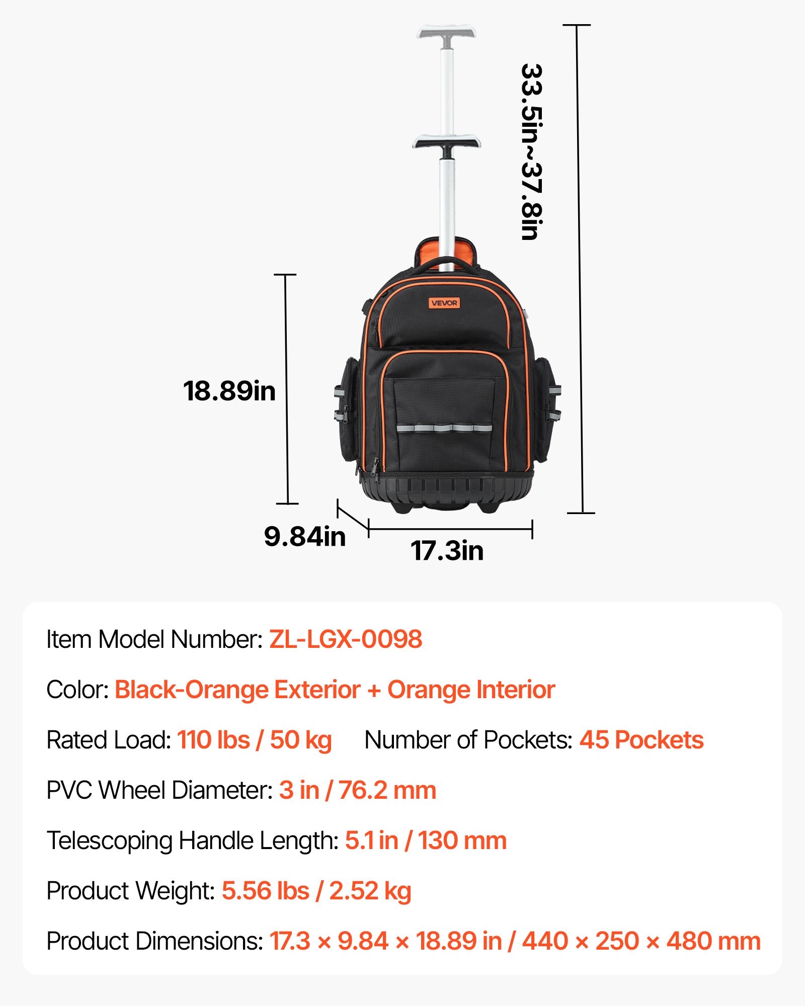 Rolling Tool Backpack 110lbs Load 45 Pockets Heavy Duty Roller Bag w/Wheels