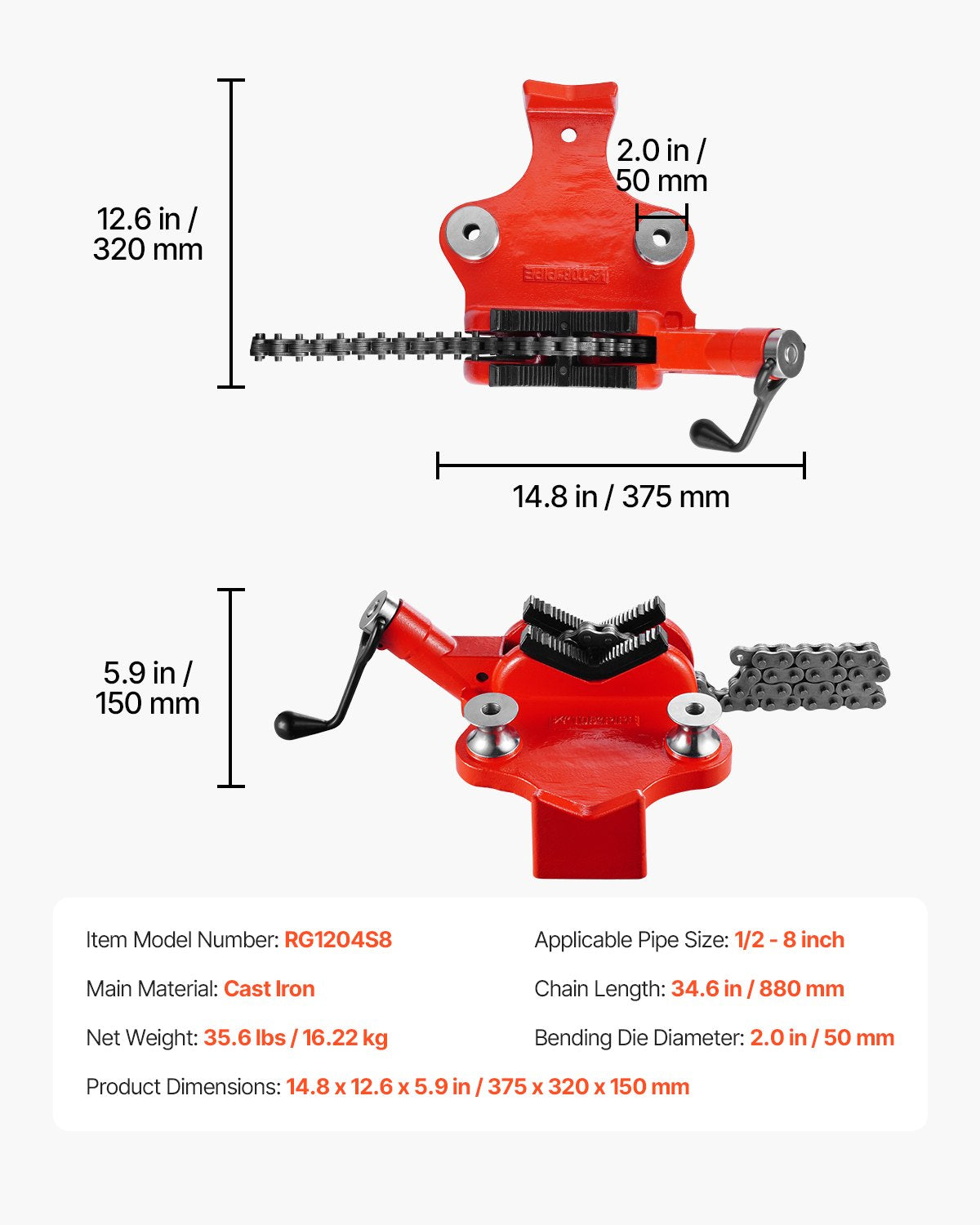 Heavy-Duty Pipe Chain Vise 1/2"-8" Capacity 34.6" Chain Cast Iron Base