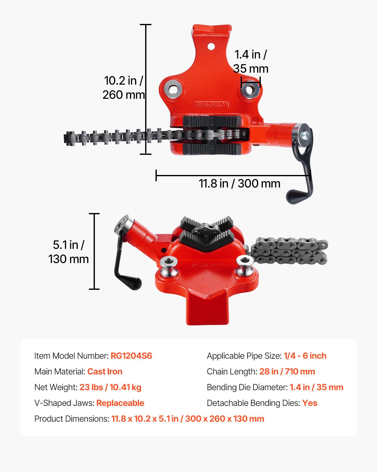 Heavy-Duty Pipe Chain Vise 1/4"-6" Capacity 28" Chain Cast Iron Base