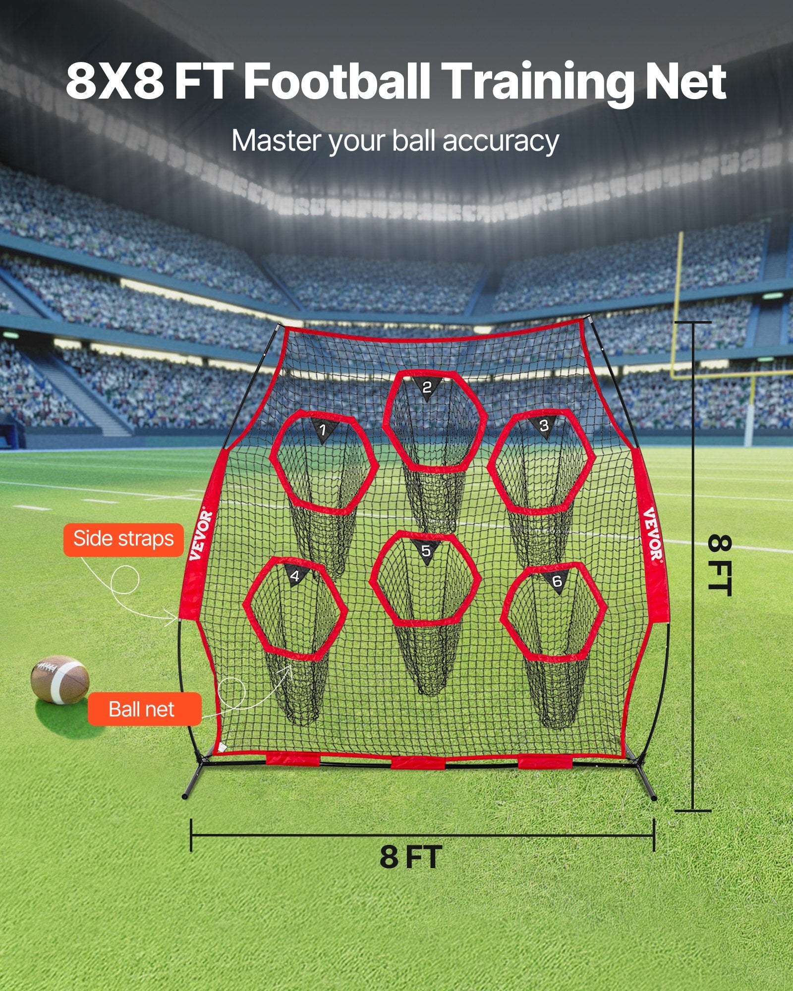 2438.4x2438.4mm Football Trainer Throwing Net with 6 Target Pockets, Red