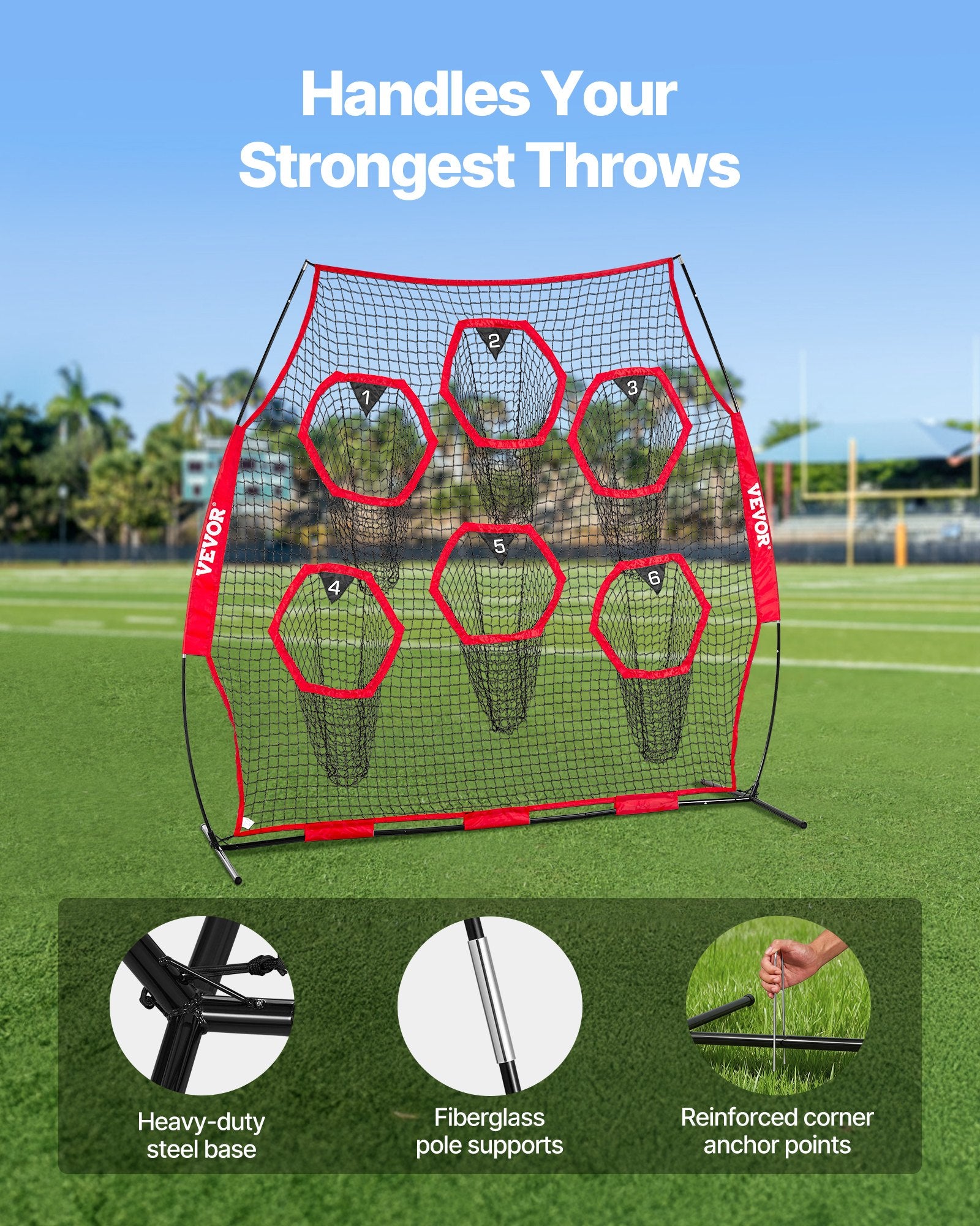 2438.4x2438.4mm Football Trainer Throwing Net with 6 Target Pockets, Red