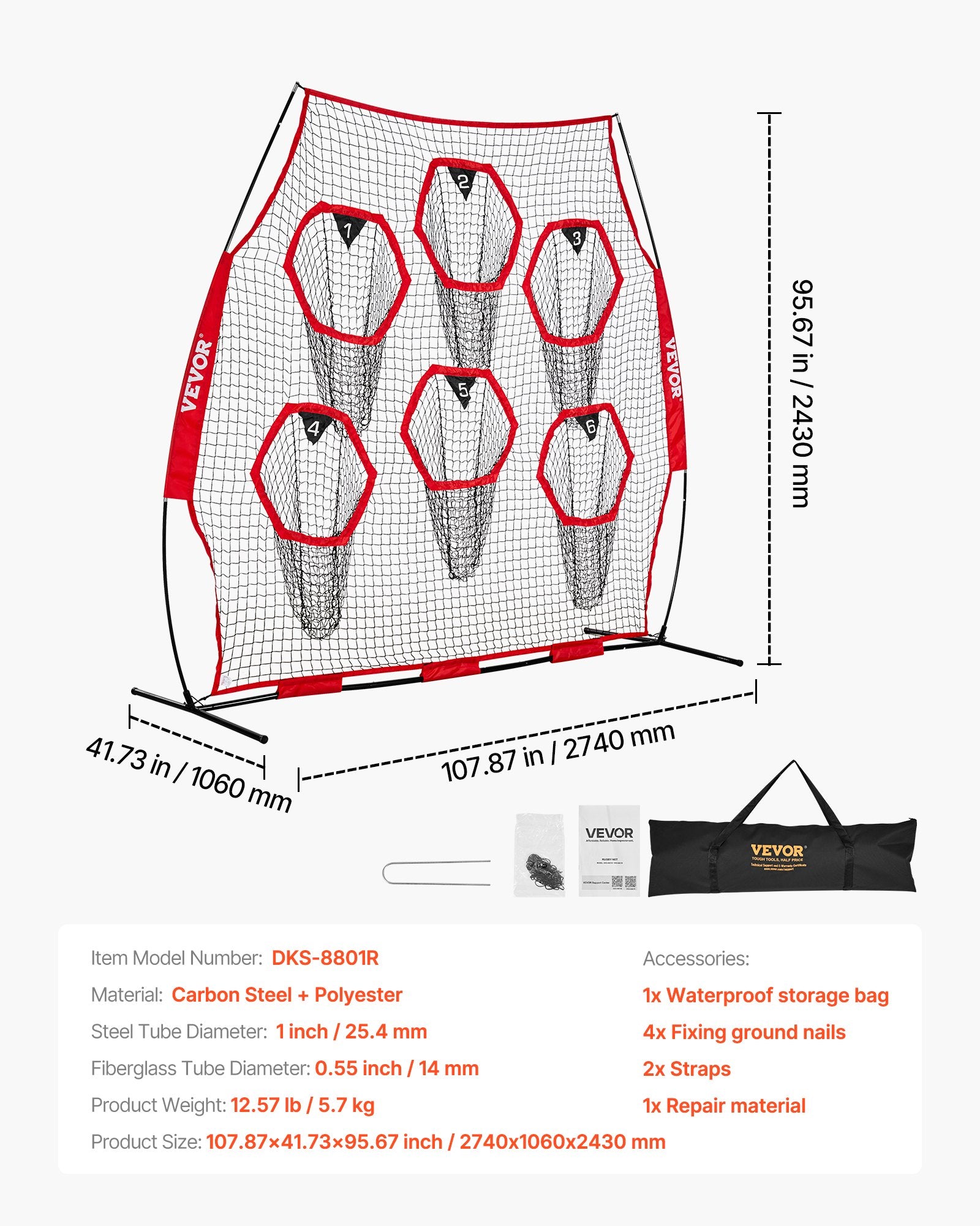 2438.4x2438.4mm Football Trainer Throwing Net with 6 Target Pockets, Red