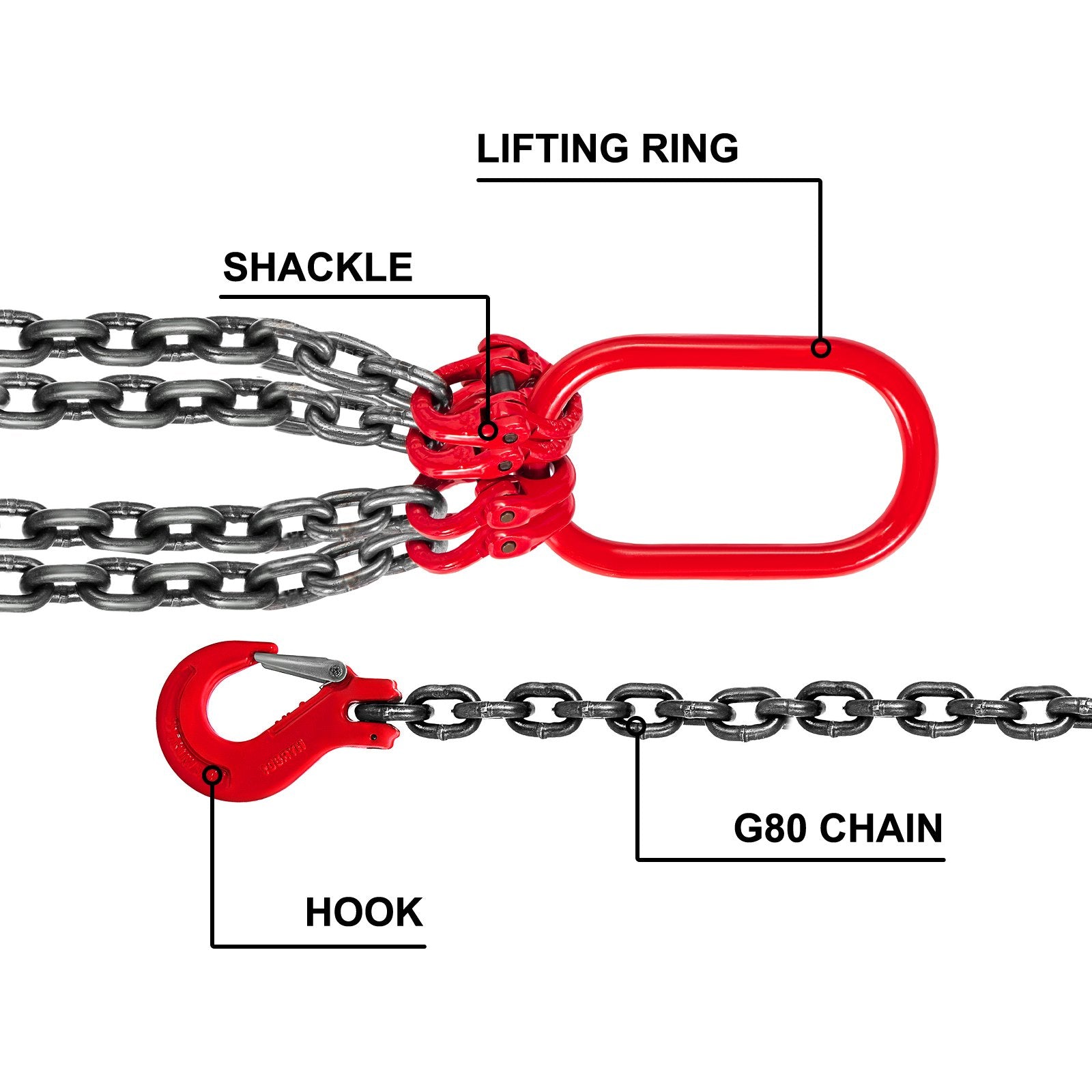 8mm x 200cm Chain Sling G80 4-Leg Lifting Chain with Hooks 5 Ton Capacity