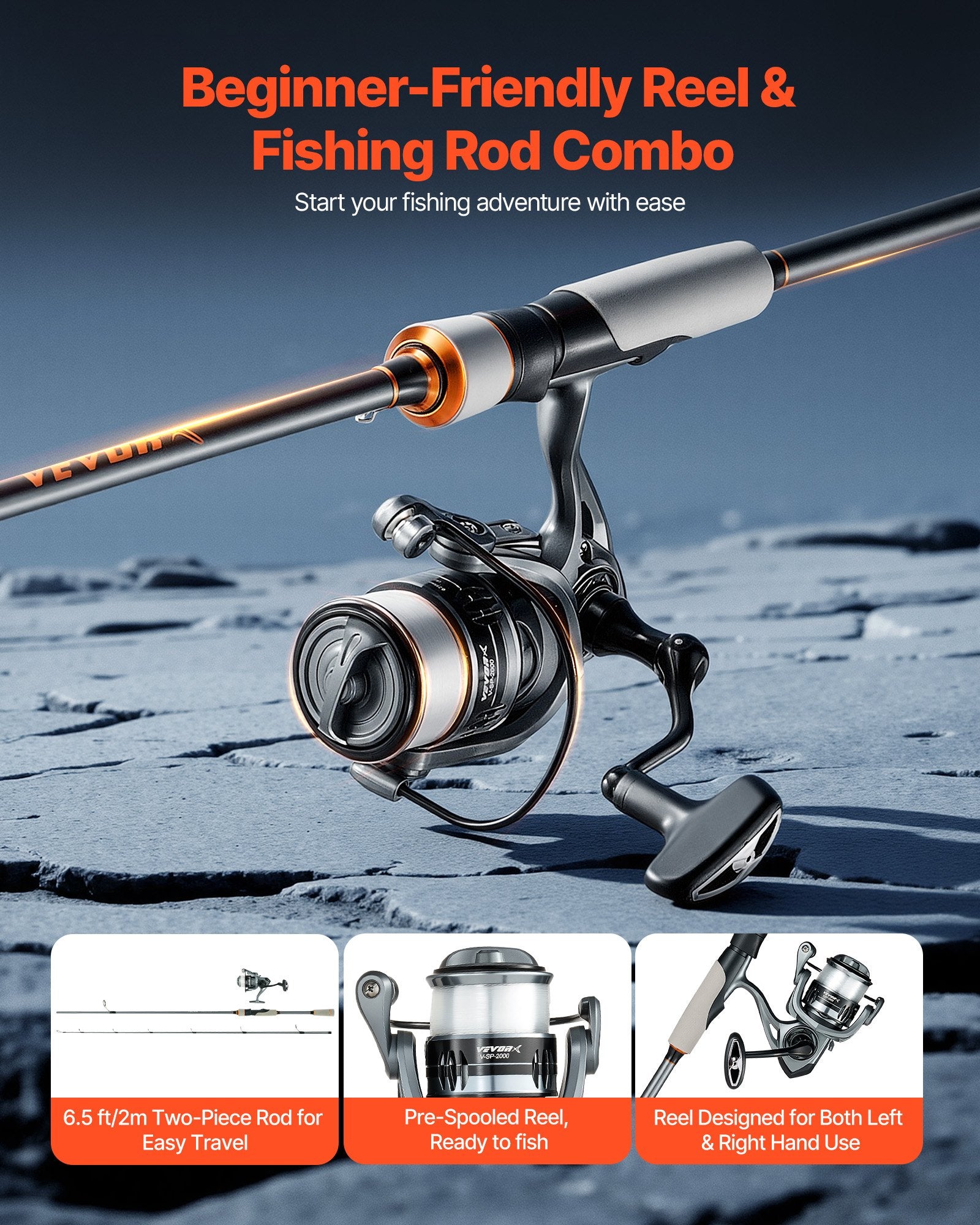 IM6 Rod and Fishing Reel Combo 2m Two Piece Spinning Rod with 6+1 Bearings