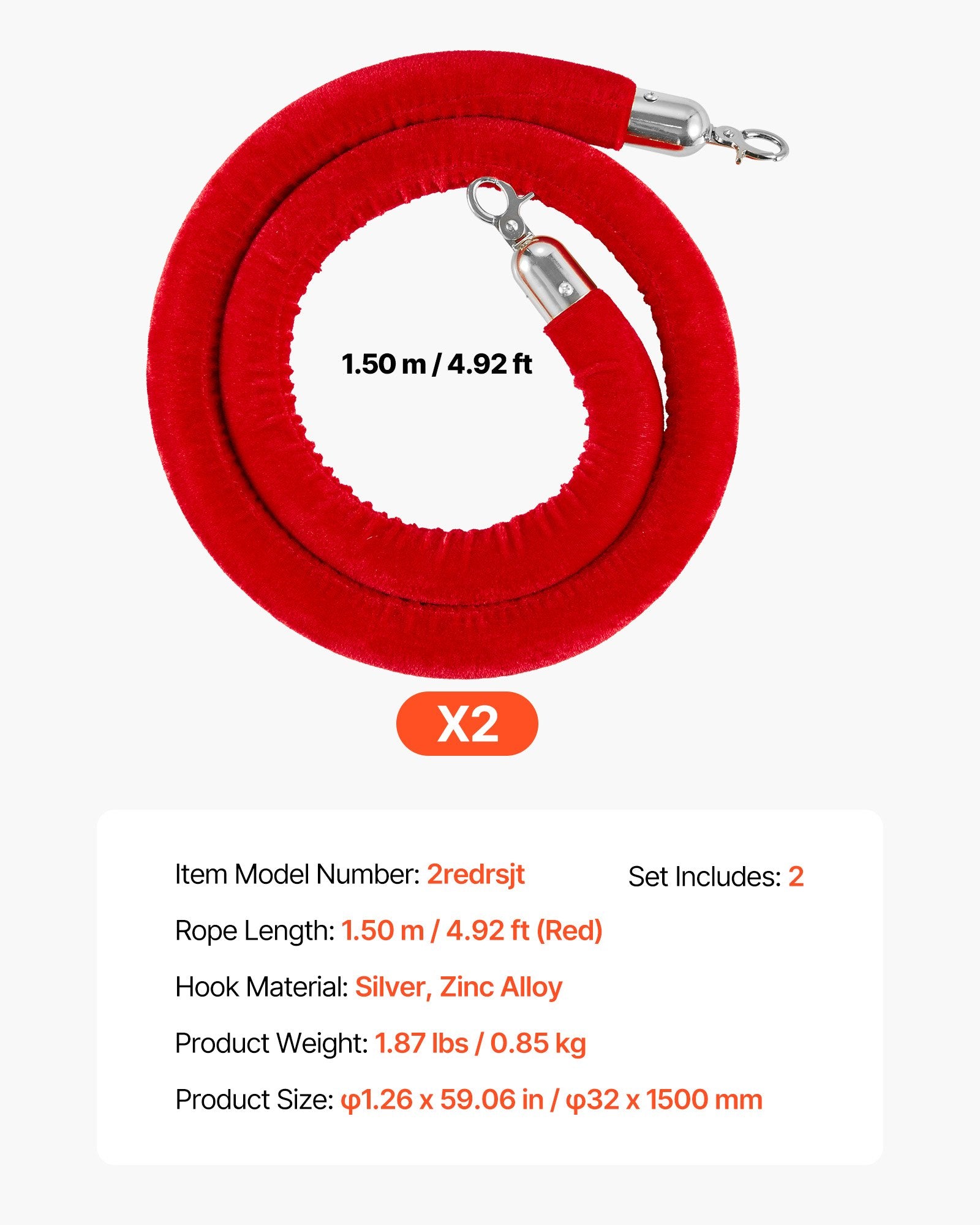 2PCS Red Velvet Stanchion Ropes 1.5m Queue Barrier with Silver Hooks Event Rope