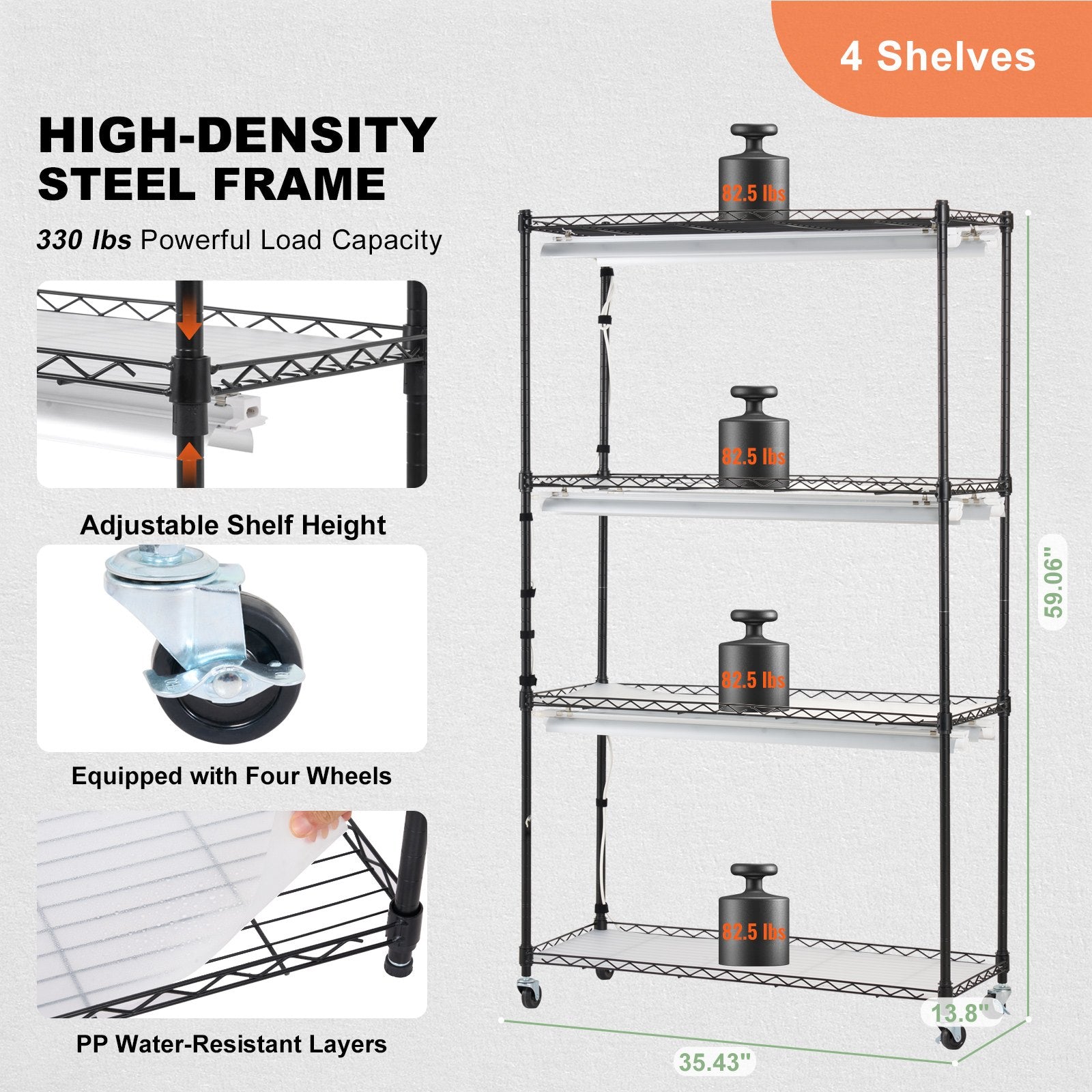 Plant Stand with Grow Light 4 Tiers 180W Metal Shelf 3 Modes Timer 75x35x150cm