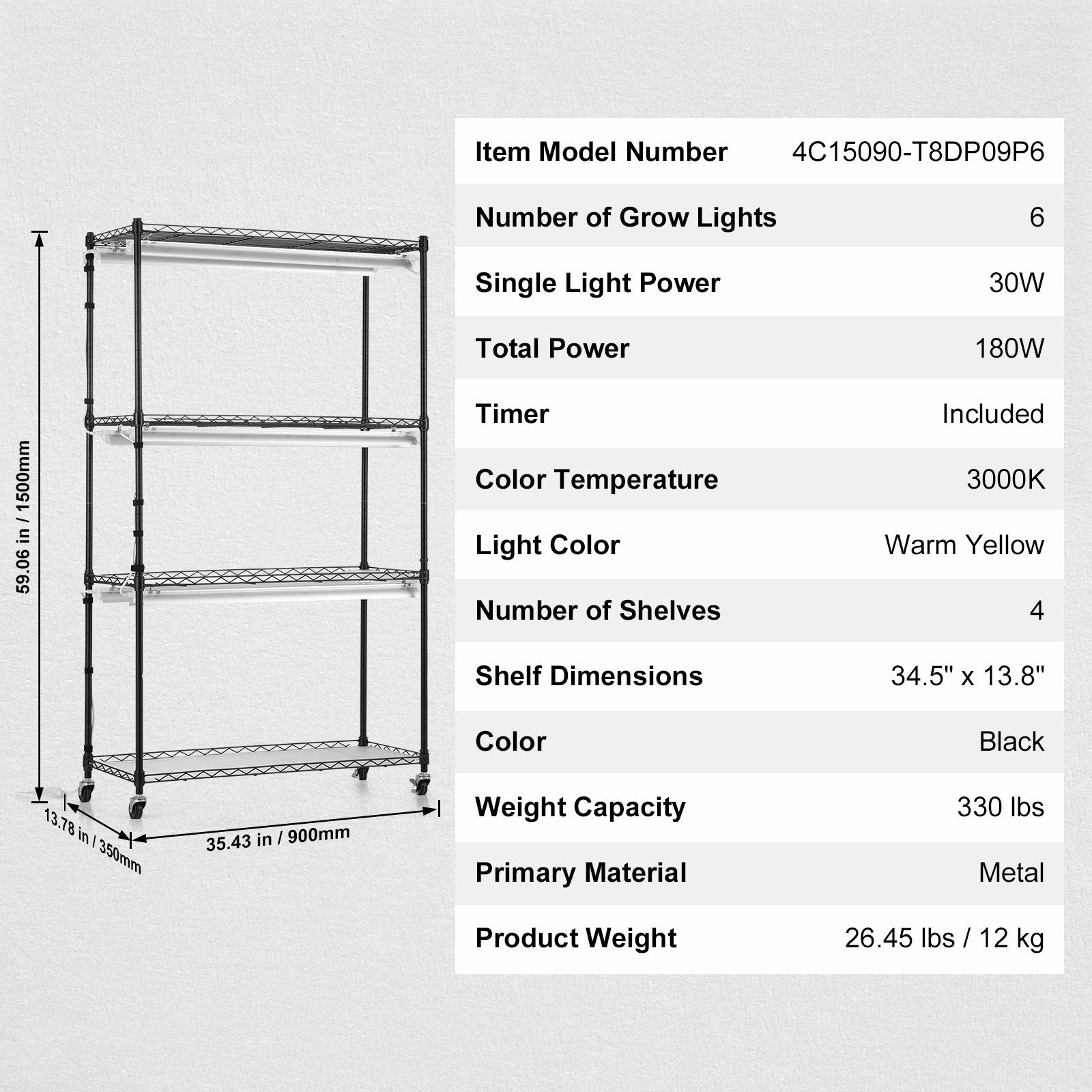 Plant Stand with Grow Light 4 Tiers 180W Metal Shelf 3 Modes Timer 75x35x150cm