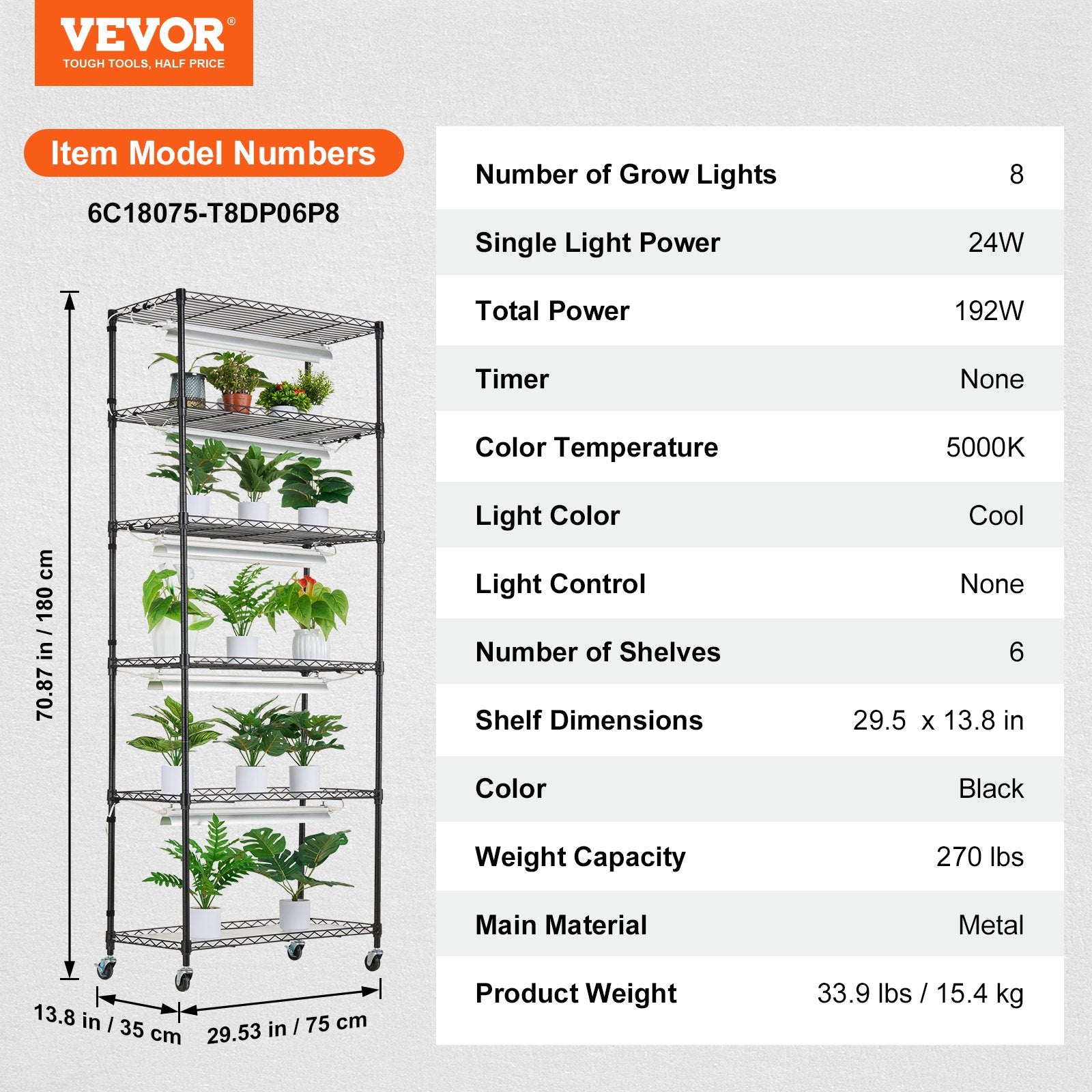 Plant Stand with Grow Light 6 Tiers 192W DIY Metal Shelf with Adjustable Rack