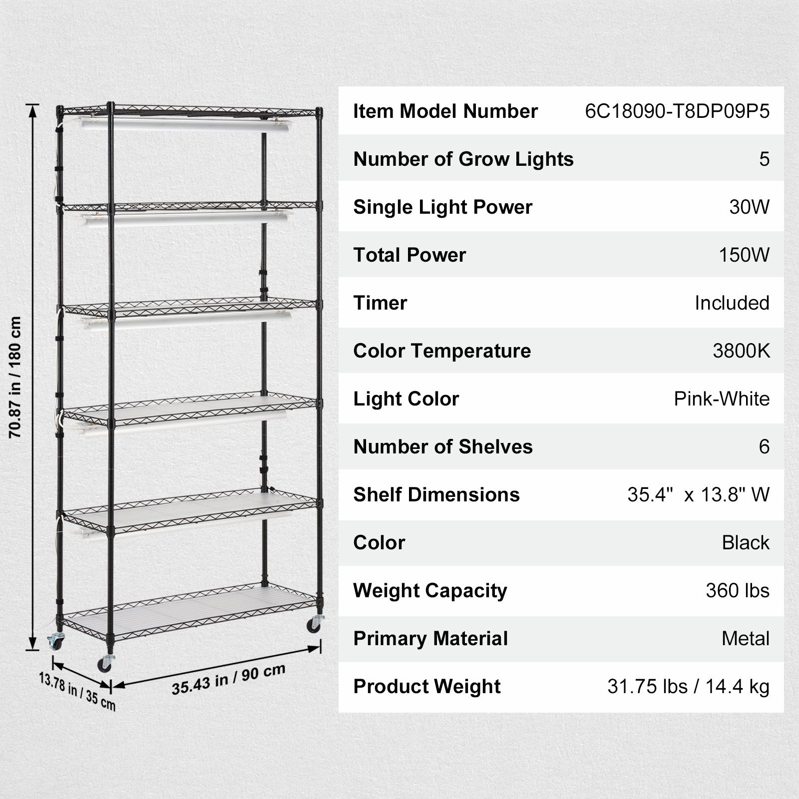 Plant Stand with Grow Light 6 Tiers 150W Metal Shelf 3 Modes Timer 90x35x180cm