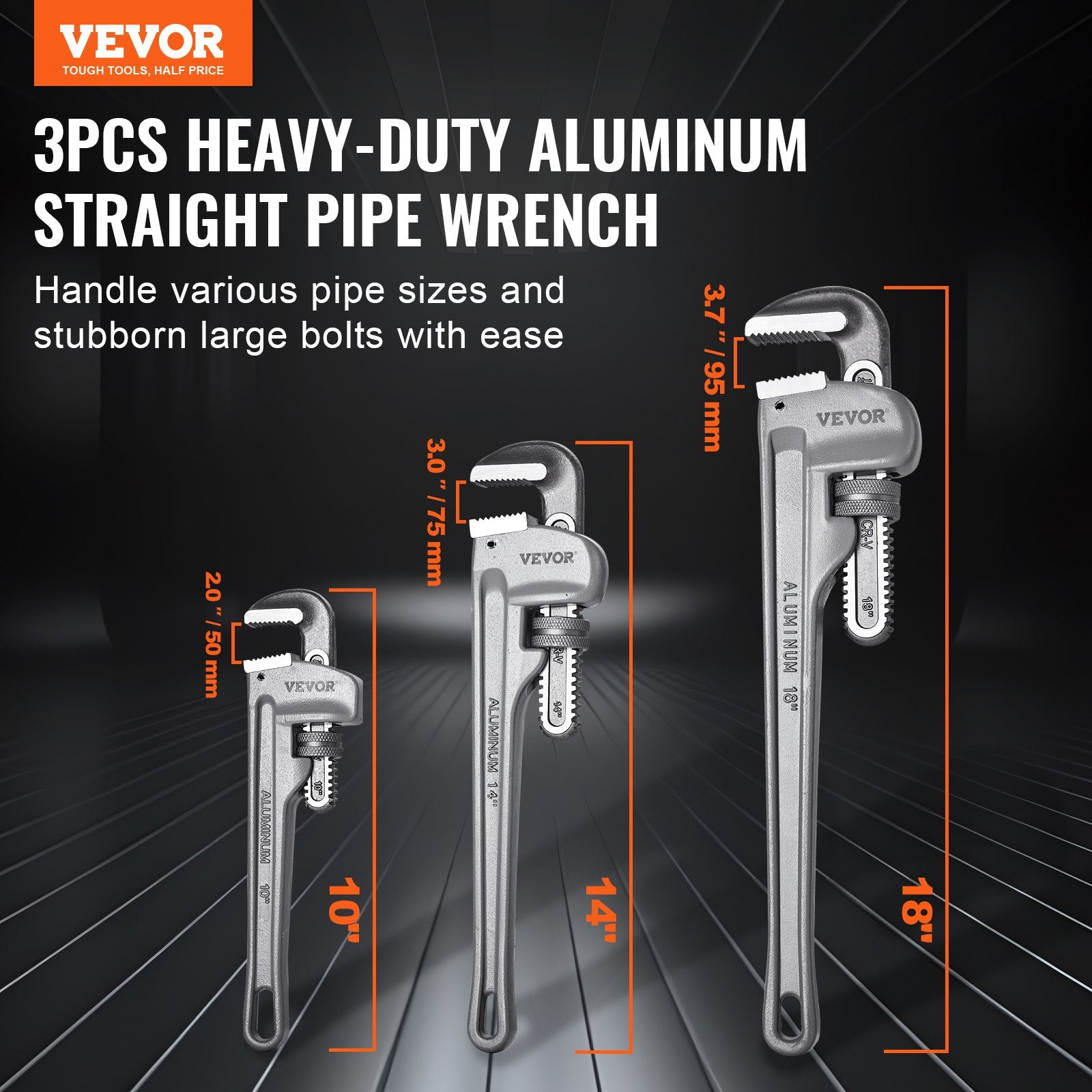 3-Piece Pipe Wrench Set 10" 14" 18" Aluminum Adjustable Plumbing Wrench