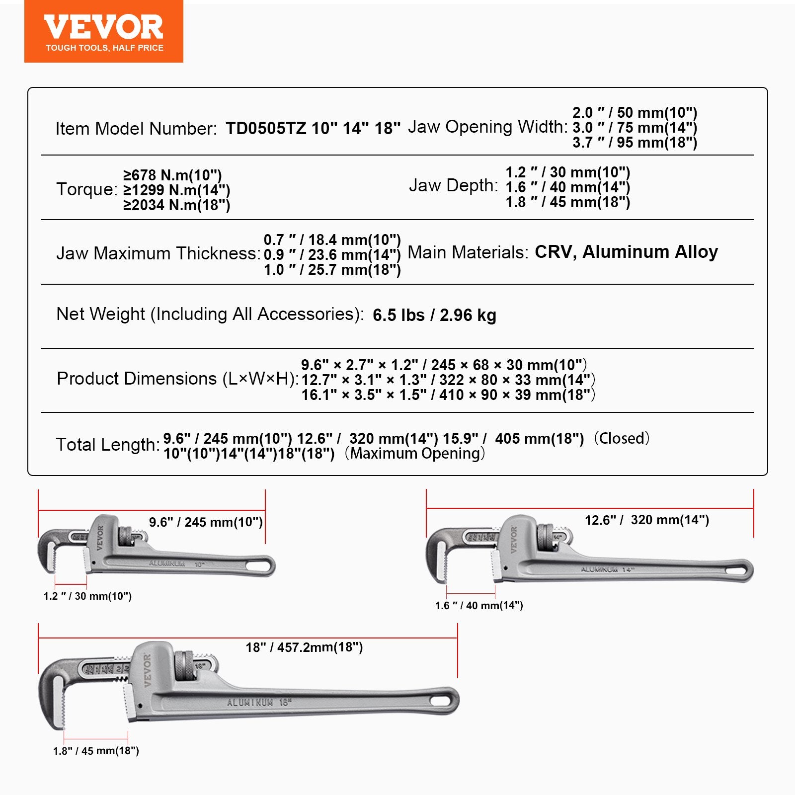 3-Piece Pipe Wrench Set 10" 14" 18" Aluminum Adjustable Plumbing Wrench
