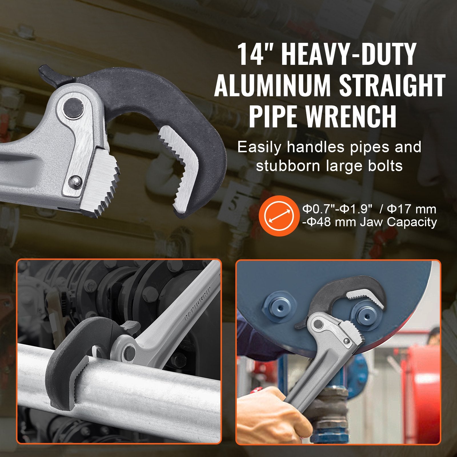 14" Aluminum Pipe Wrench Straight Adjustable Plumbing Wrench with Automatic Jaw