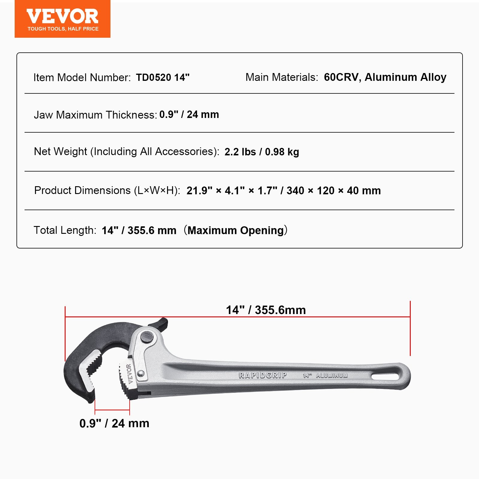 14" Aluminum Pipe Wrench Straight Adjustable Plumbing Wrench with Automatic Jaw