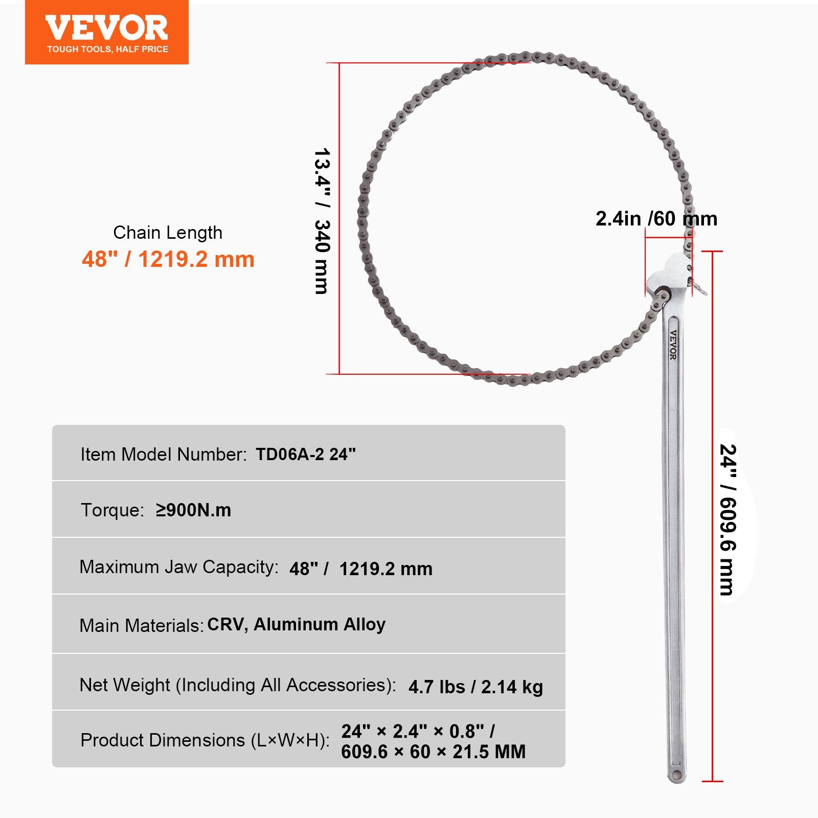 Chain Wrench 48 in 13.4 in Diameter CRV Reversible Pipe Fitting Tool