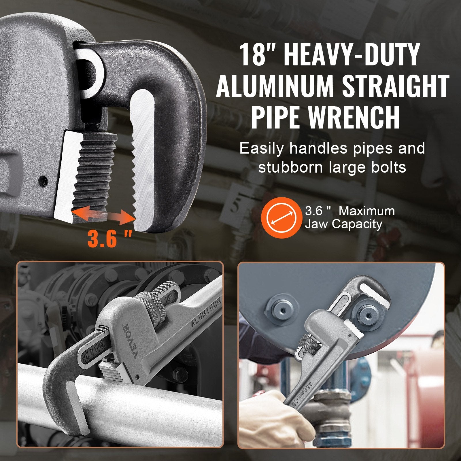 18" Aluminum Pipe Wrench Adjustable Straight Plumbing Wrench Ergonomic Handle