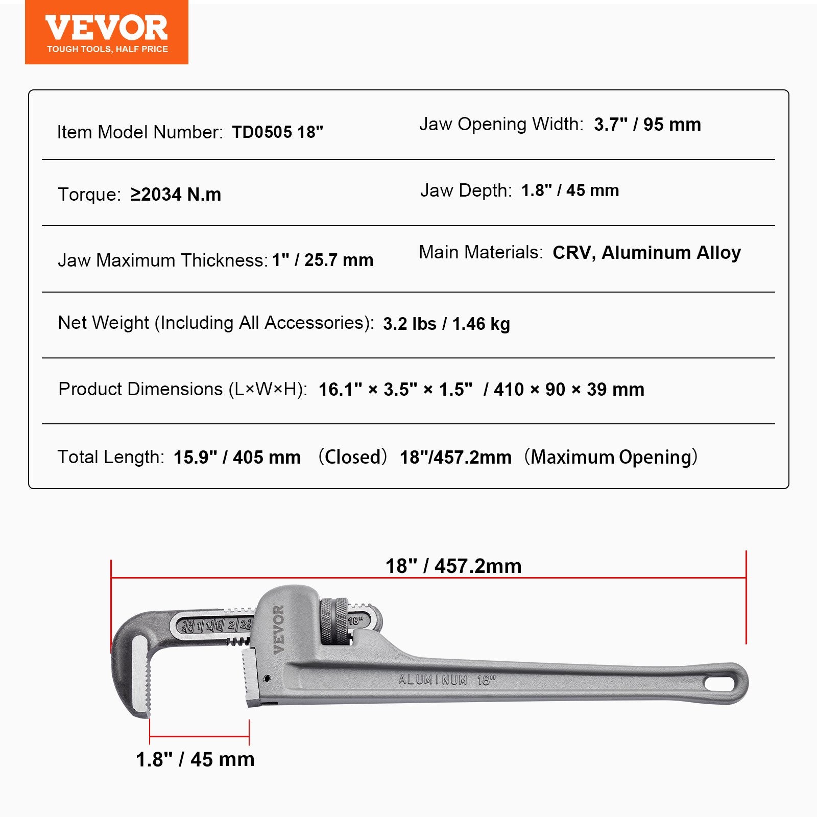 18" Aluminum Pipe Wrench Adjustable Straight Plumbing Wrench Ergonomic Handle