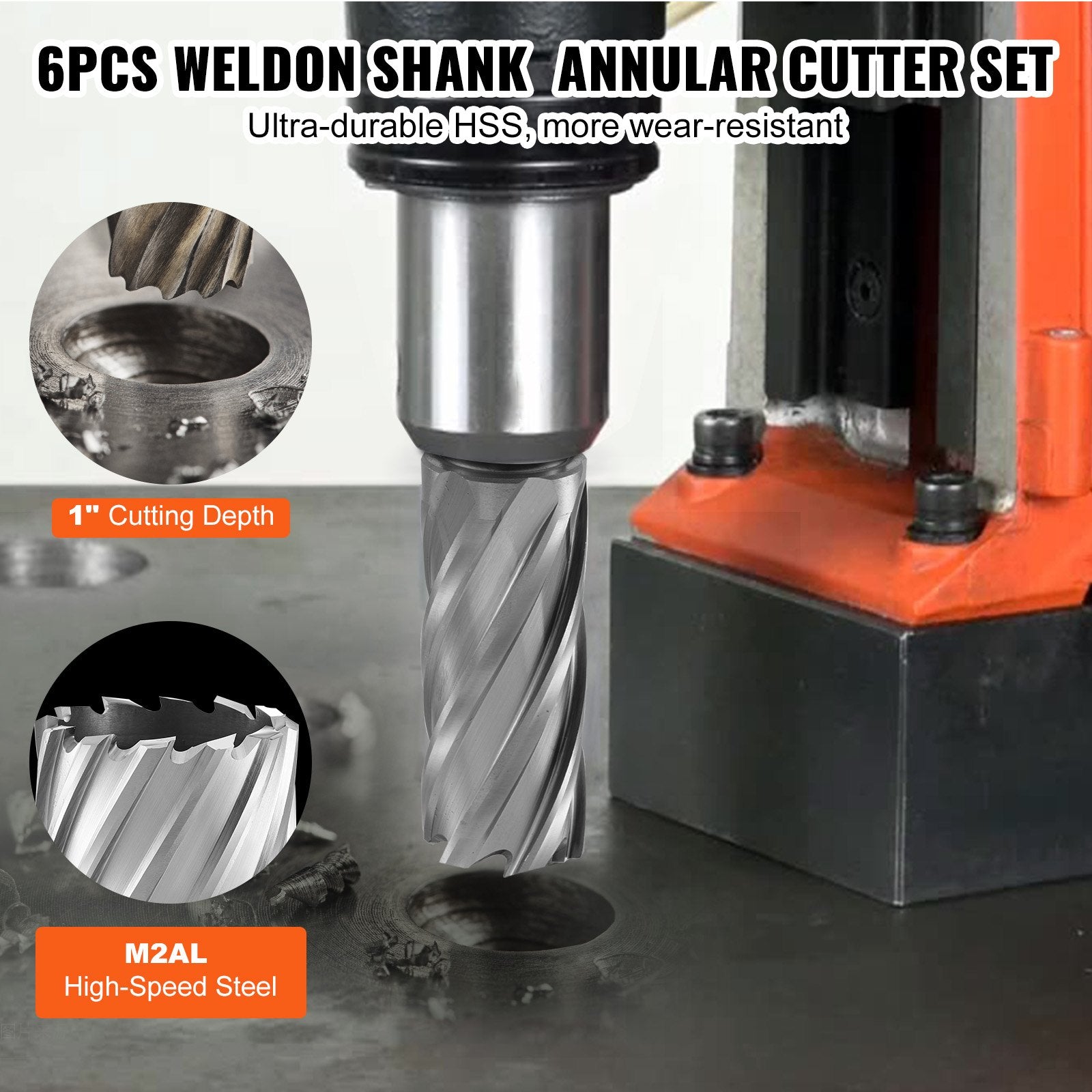 Annular Cutter Set 6pcs Weldon Shank 1in Depth 1/2-1-1/16in M2AL HSS Pilot