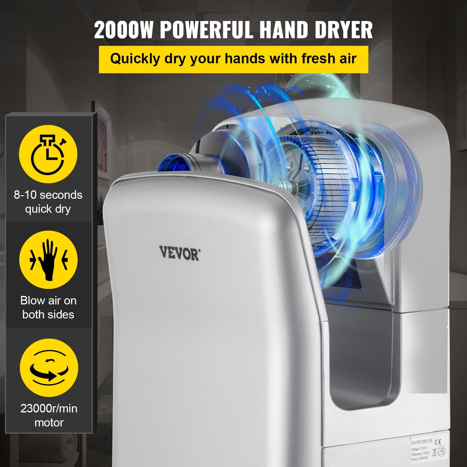 Hand Dryer Jet Blade Automatic High Speed Washroom Silver