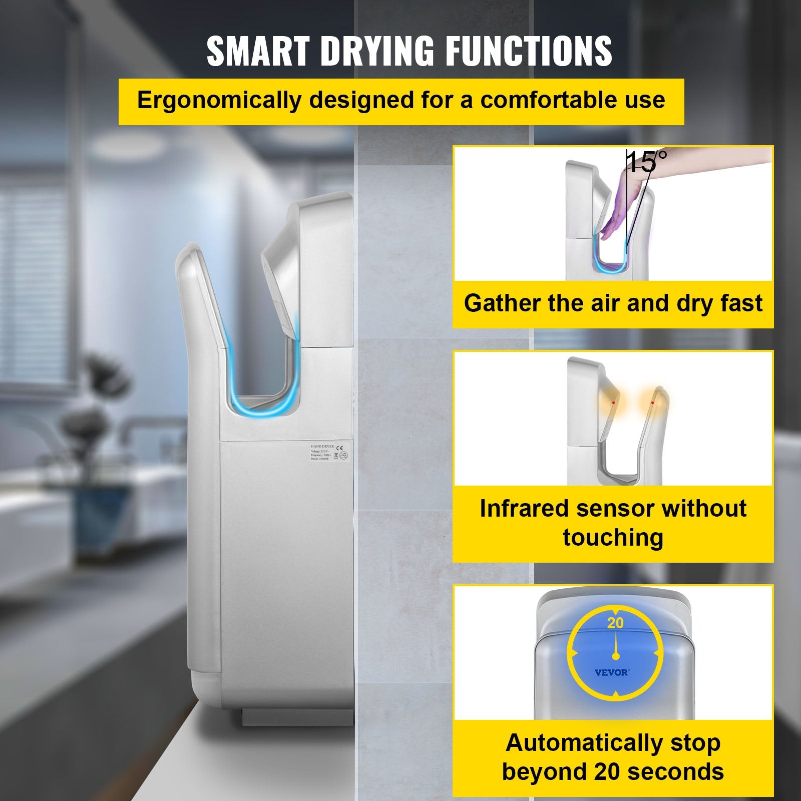 Hand Dryer Jet Blade Automatic High Speed Washroom Silver