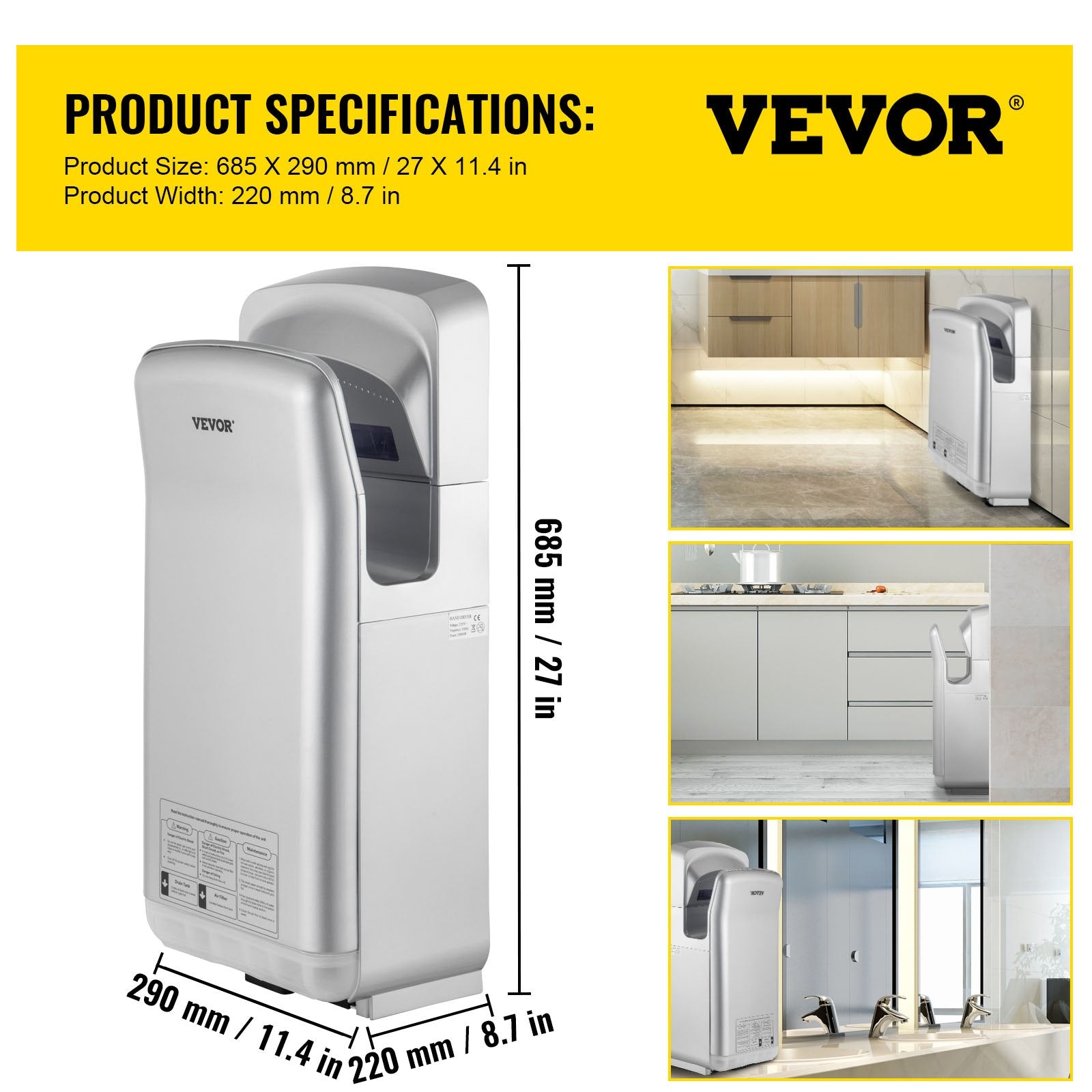 Hand Dryer Jet Blade Automatic High Speed Washroom Silver