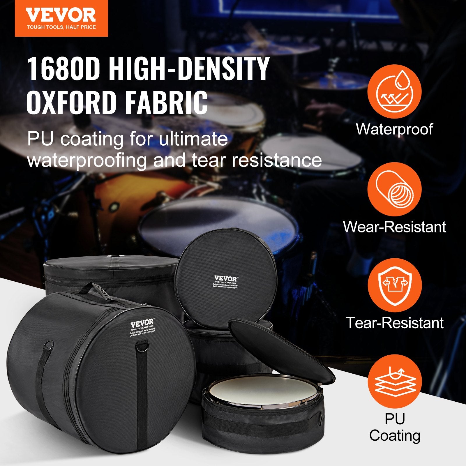 Drum Bag Set 5-Piece 1680D Oxford Fabric Padded Detachable Shoulder Strap