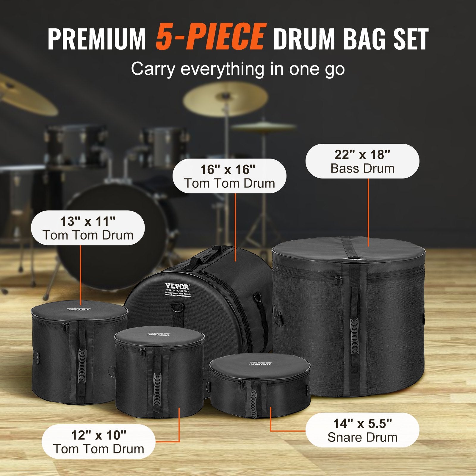 Drum Bag Set 5-Piece 1680D Oxford Fabric Padded Detachable Shoulder Strap