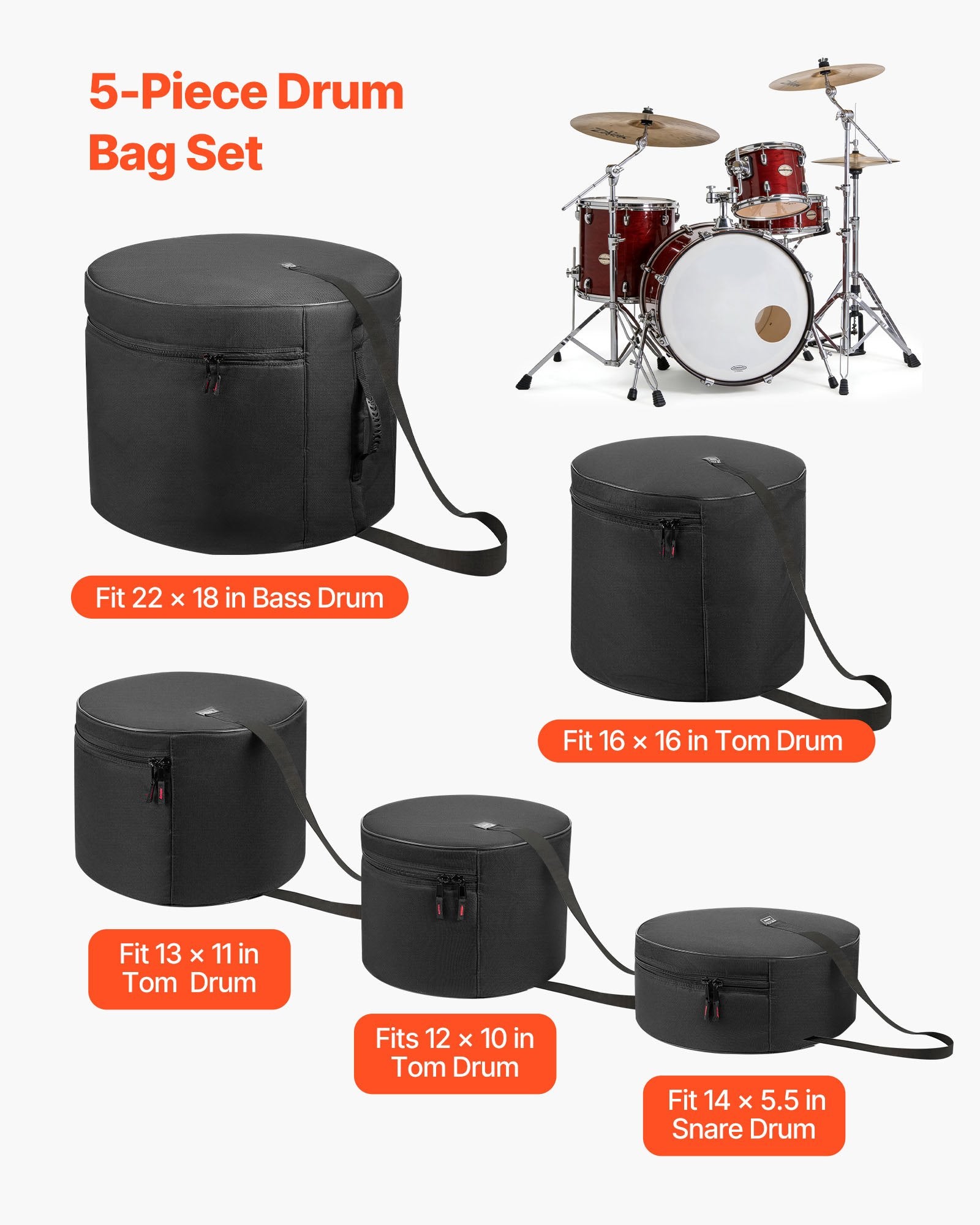 5-Piece Drum Case Set 600D Padded Bags for Bass Tom Snare with Portable Handle