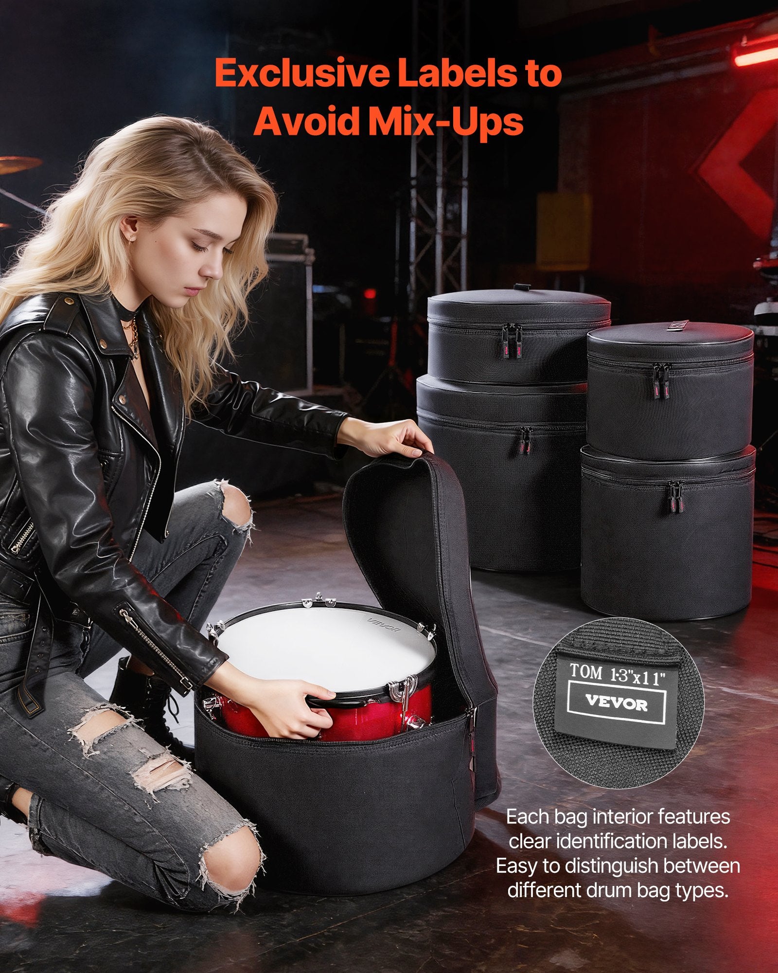 5-Piece Drum Case Set 600D Padded Bags for Bass Tom Snare with Portable Handle
