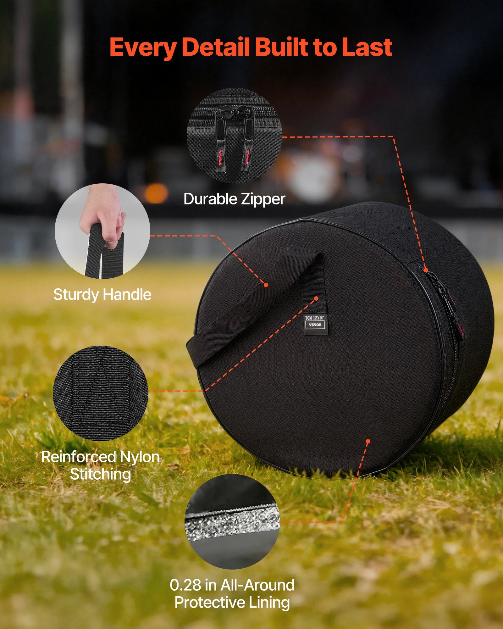 5-Piece Drum Case Set 600D Padded Bags for Bass Tom Snare with Portable Handle
