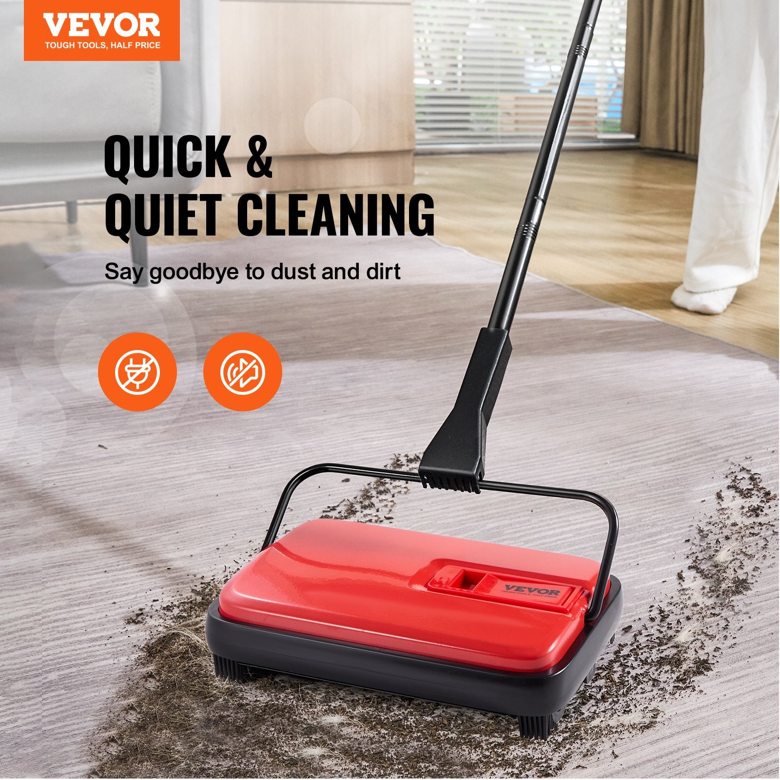Manual Carpet Sweeper, 300 ml Dustbin, 17 cm Cleaning Width, Red, Pet Hair
