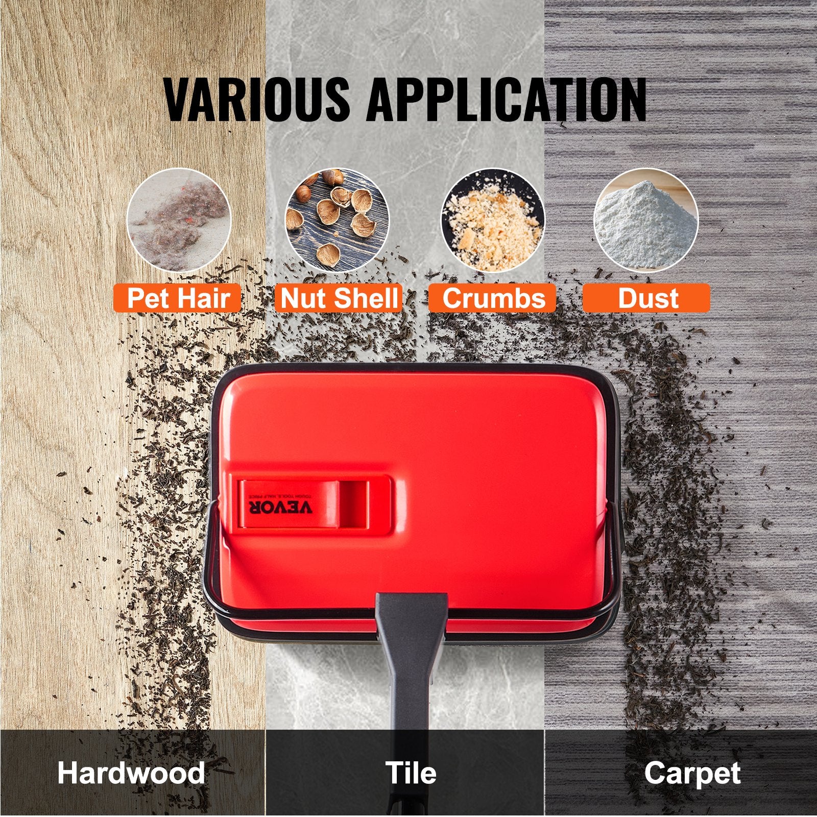Manual Carpet Sweeper, 300 ml Dustbin, 17 cm Cleaning Width, Red, Pet Hair
