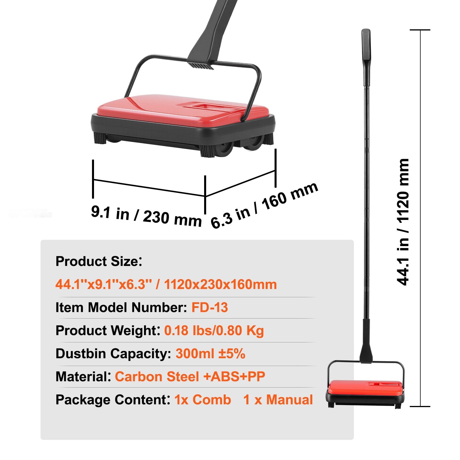 Manual Carpet Sweeper, 300 ml Dustbin, 17 cm Cleaning Width, Red, Pet Hair