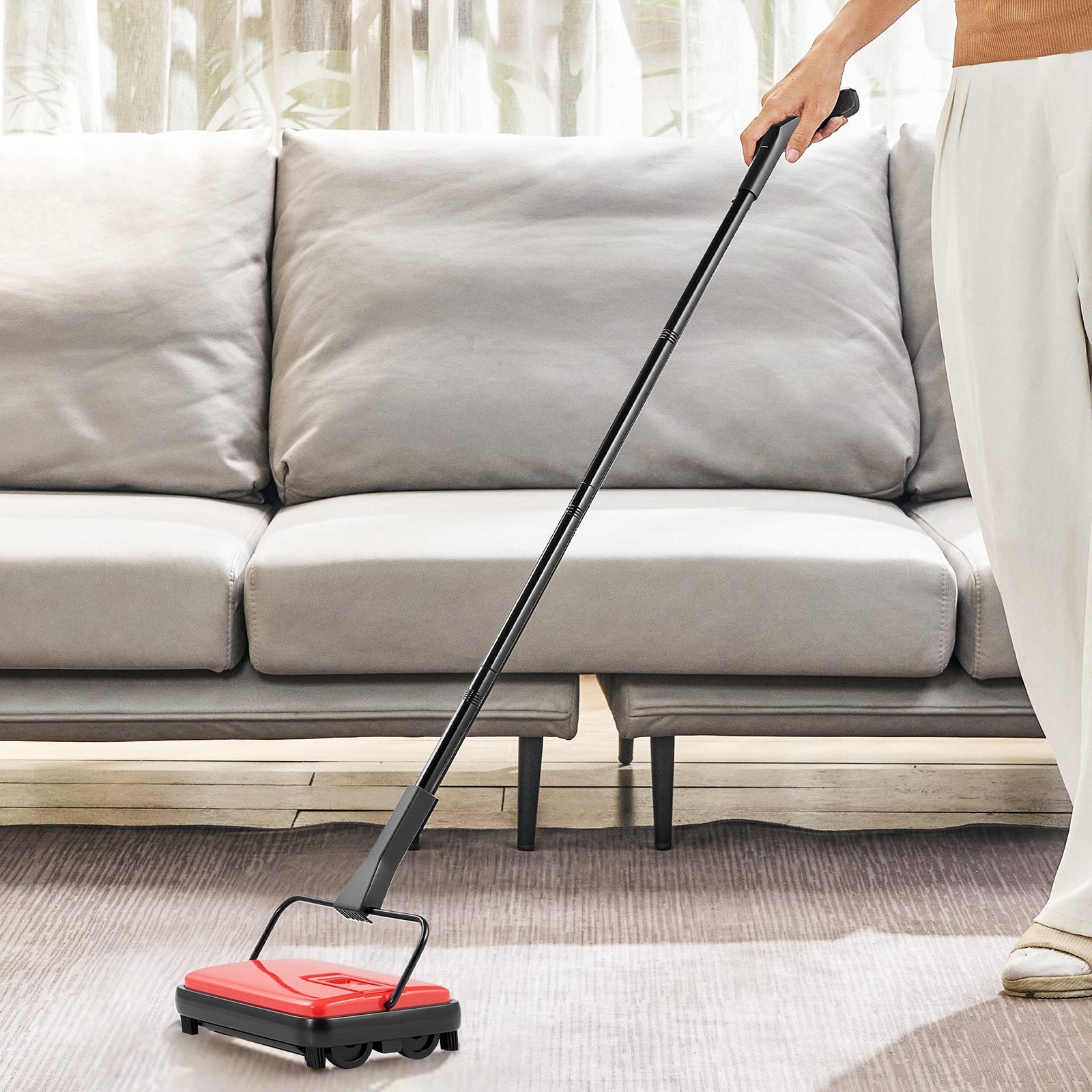 Manual Carpet Sweeper, 300 ml Dustbin, 17 cm Cleaning Width, Red, Pet Hair