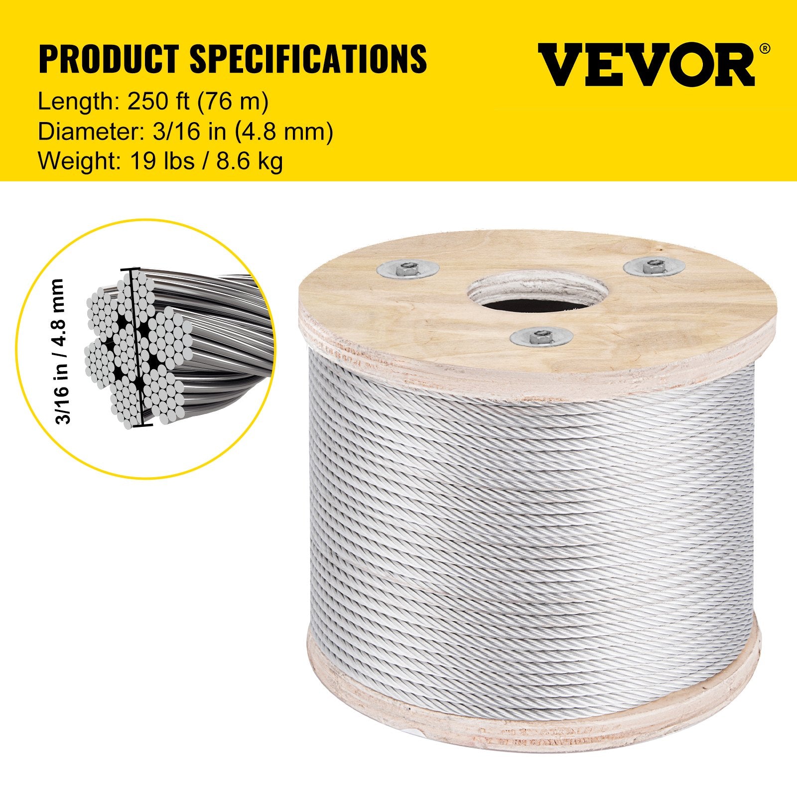 304 Stainless Steel Cable 4.76mm 7x19 Wire Rope 7620cm for Railing Decking DIY
