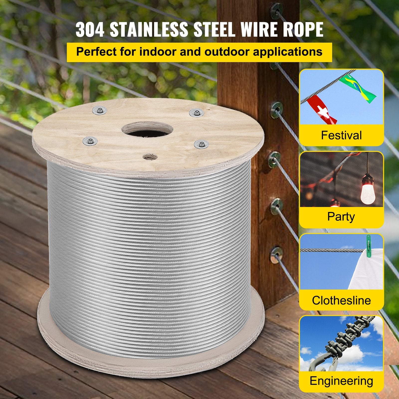 Stainless Steel Cable 6.4mm 61m 7x19 Wire Rope Marine Grade for Deck Rail Fence