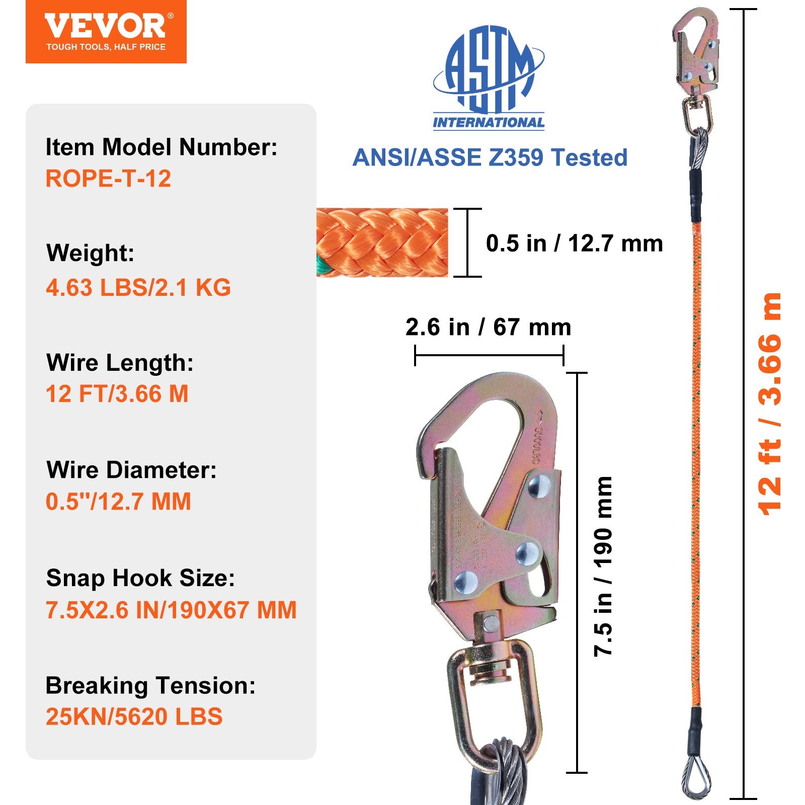 Flipline Steel Core 1/2 x 12 Ft Tree Climbing Alloy Hook Carabiner Lanyard