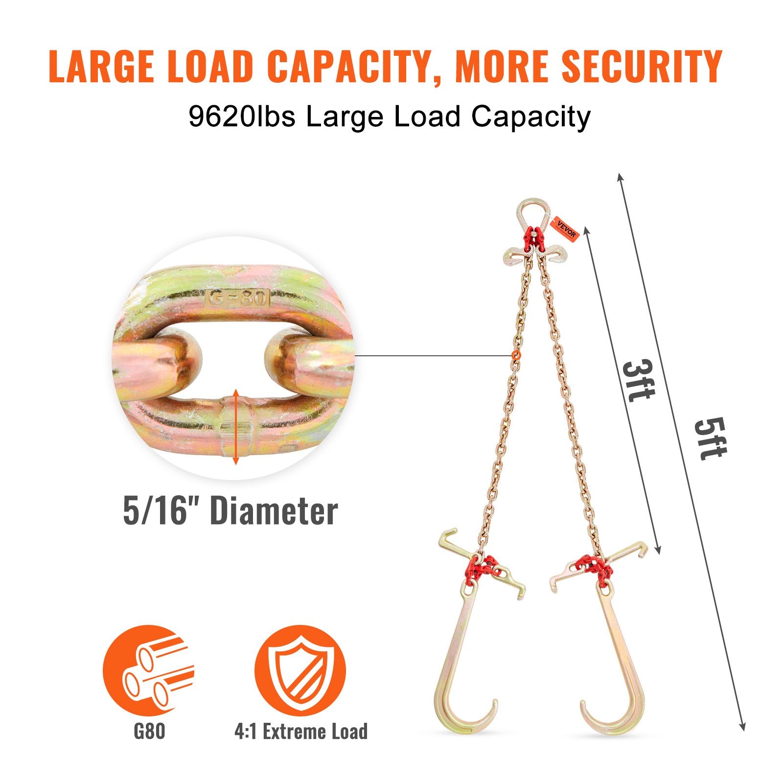V-Chain Bridle 4364kg 8x914.4mm G80 Tow Chain RTJ Hooks Galvanized D-Shackle