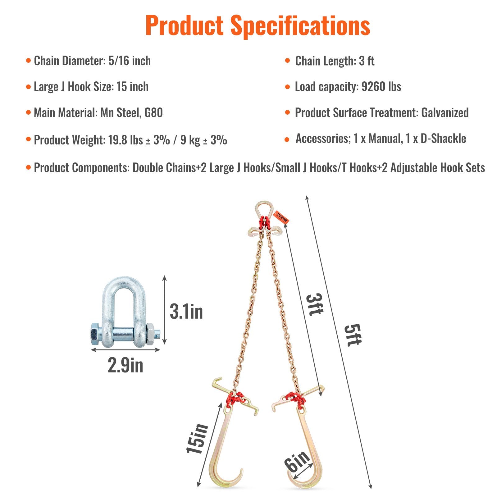 V-Chain Bridle 4364kg 8x914.4mm G80 Tow Chain RTJ Hooks Galvanized D-Shackle