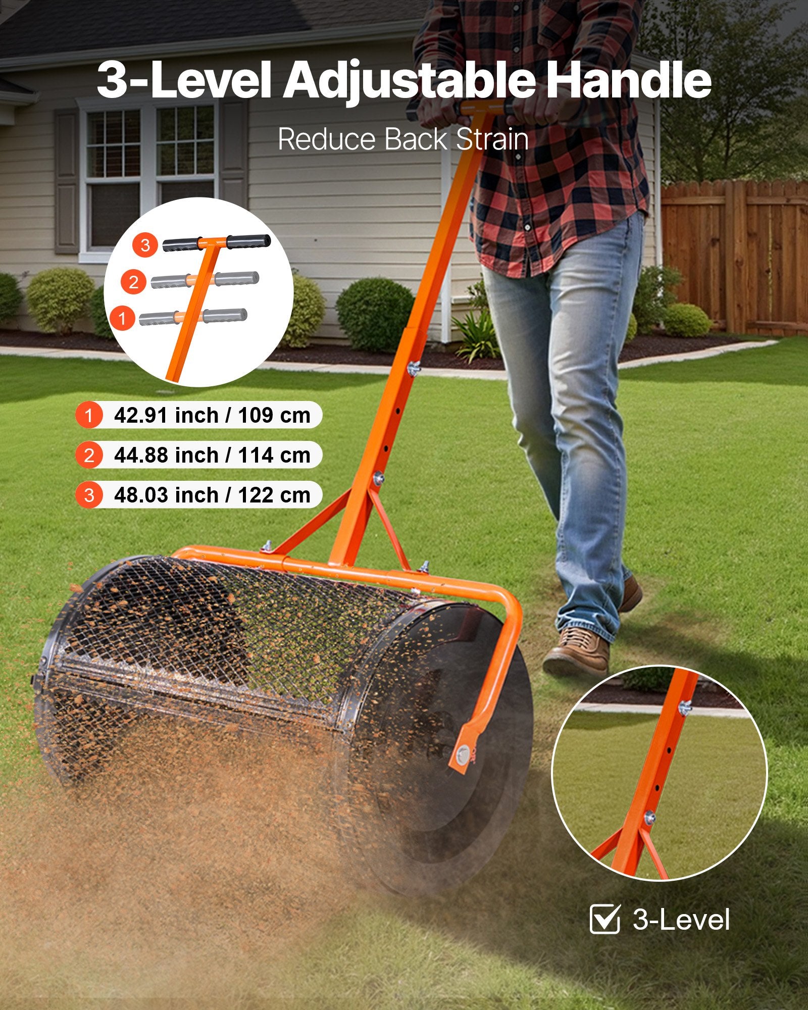 Compost Spreader 24in Wide Peat Moss Roller with T-Handle, 3 Heights Adjustable