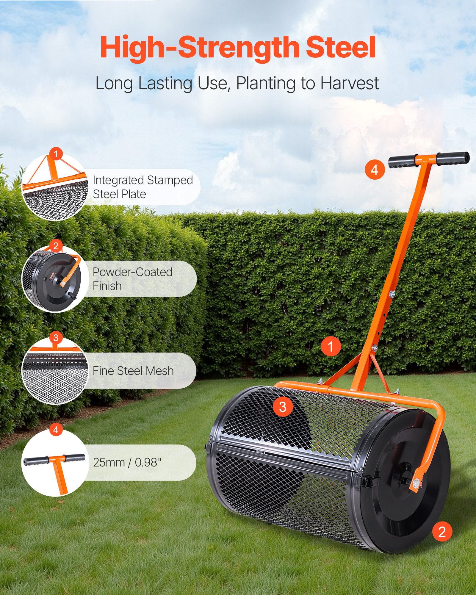 Compost Spreader 24in Wide Peat Moss Roller with T-Handle, 3 Heights Adjustable