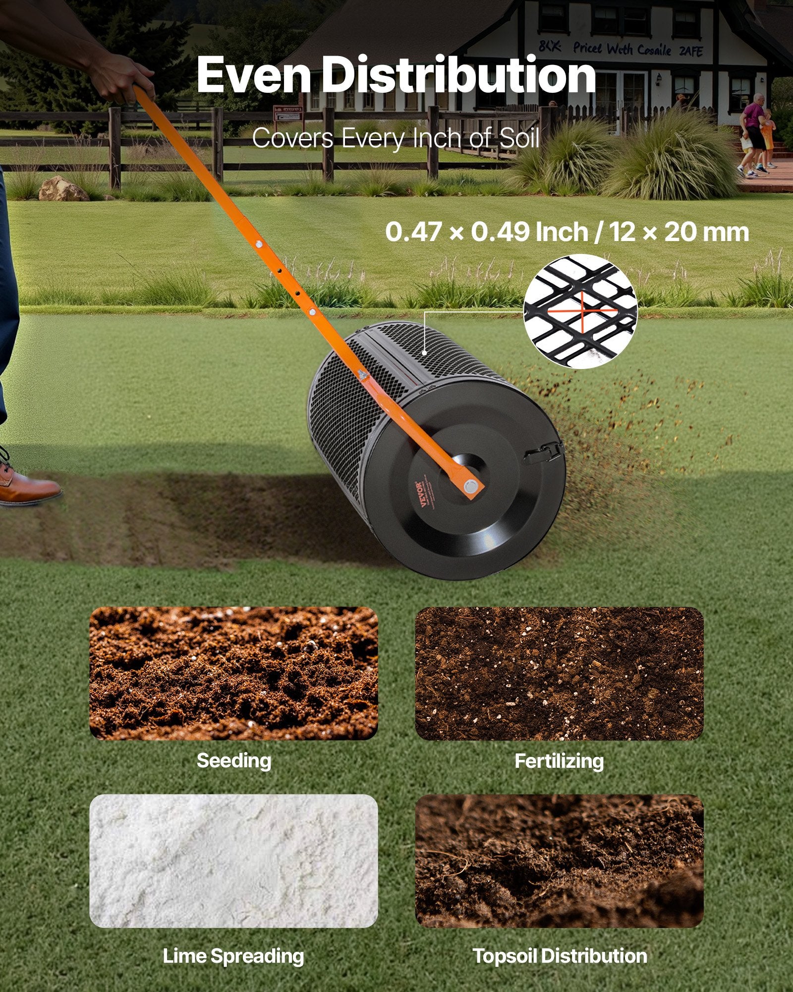 Compost Spreader 24in Wide Peat Moss Roller with T-Handle, 3 Heights Adjustable