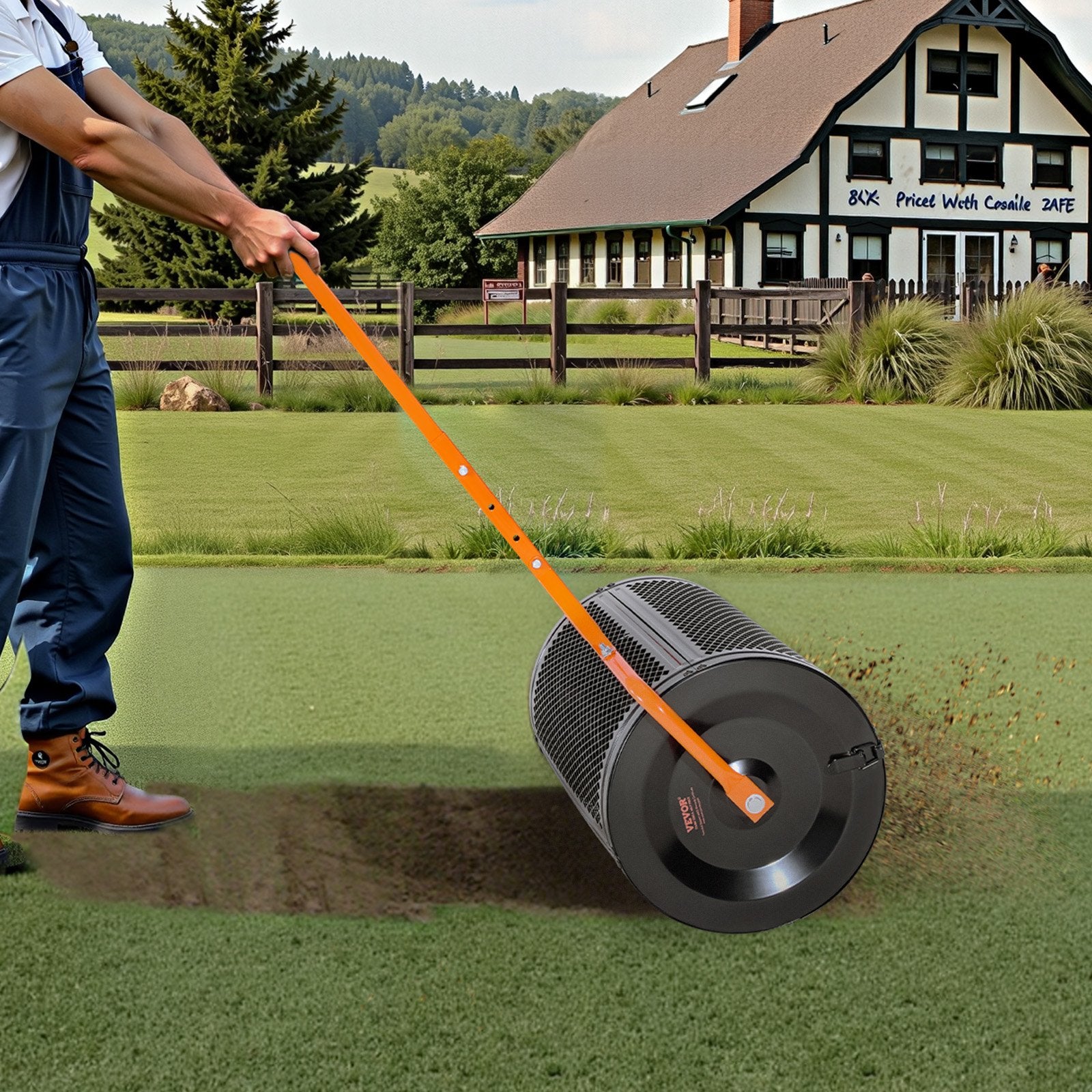 Compost Spreader 24in Wide Peat Moss Roller with T-Handle, 3 Heights Adjustable