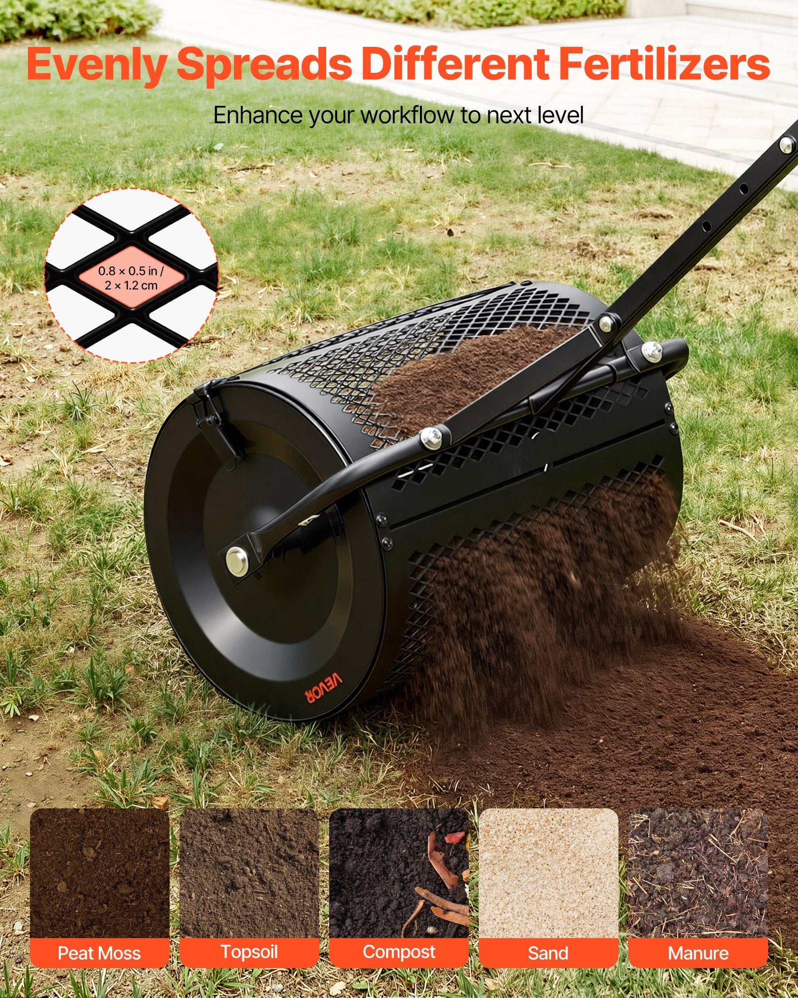 Compost Spreader 42 cm Peat Moss Roller T Handle with Adjustable Height