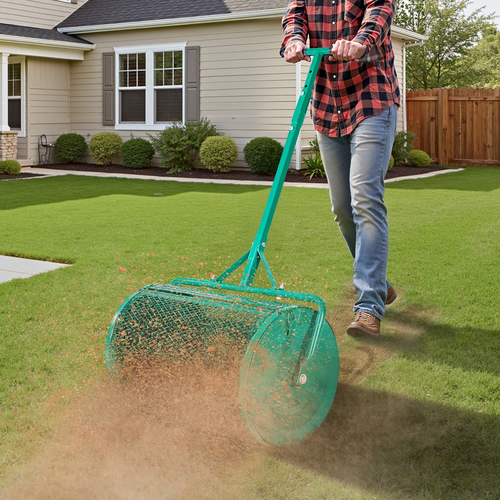 24in Compost Spreader w/ Adjustable Handle Heavy Duty Peat Moss Roller