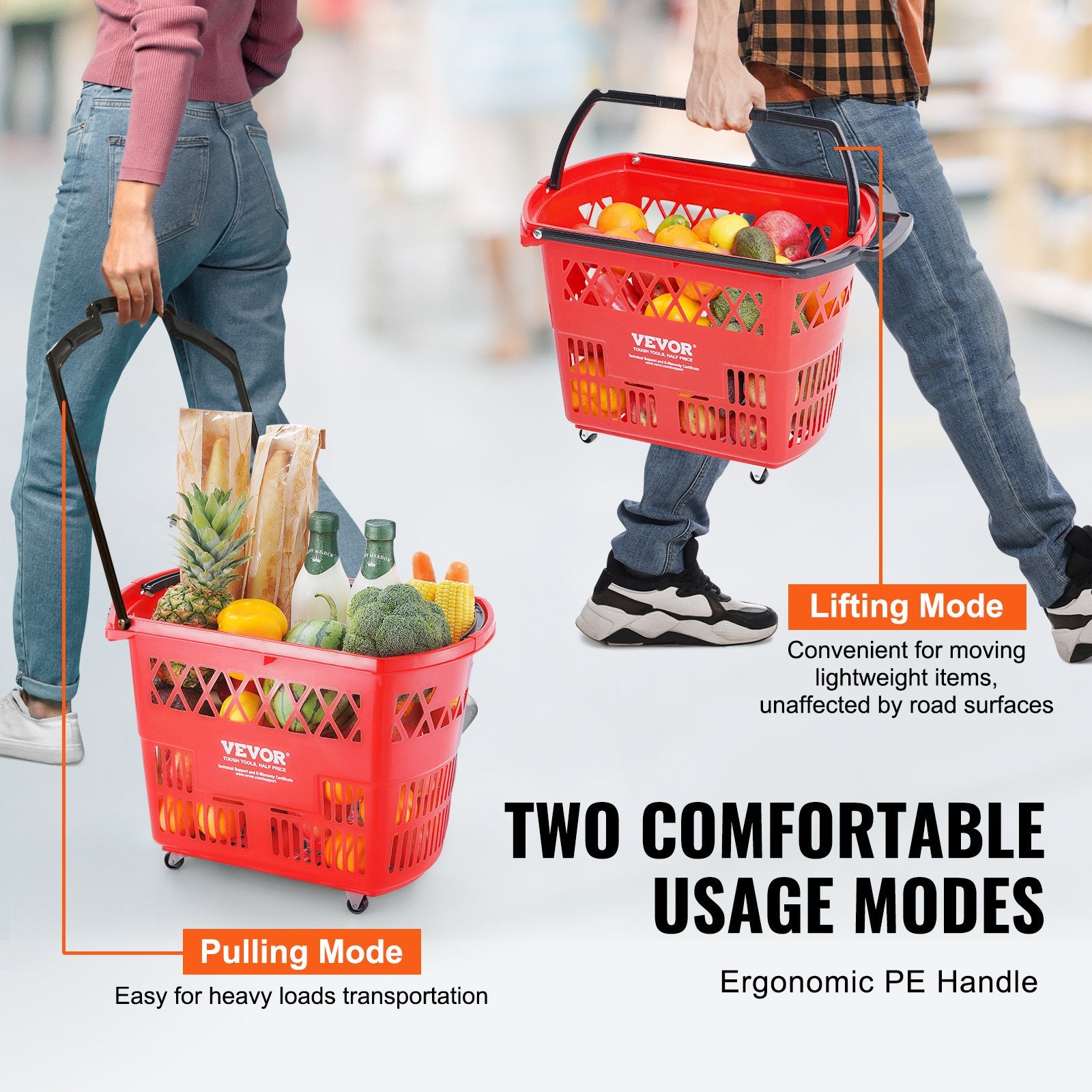 Shopping Baskets 6PCS 39L Rolling Plastic Baskets with Handles and Wheels Red