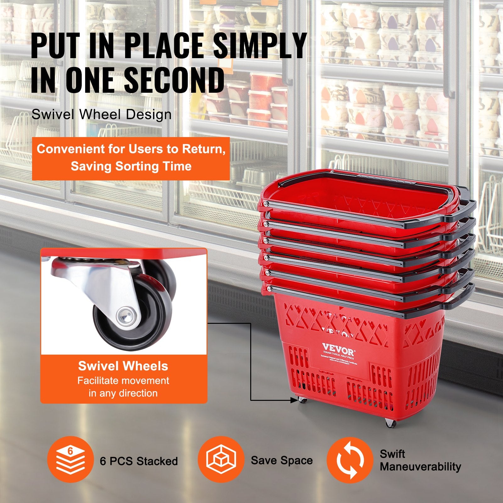 Shopping Baskets 6PCS 39L Rolling Plastic Baskets with Handles and Wheels Red