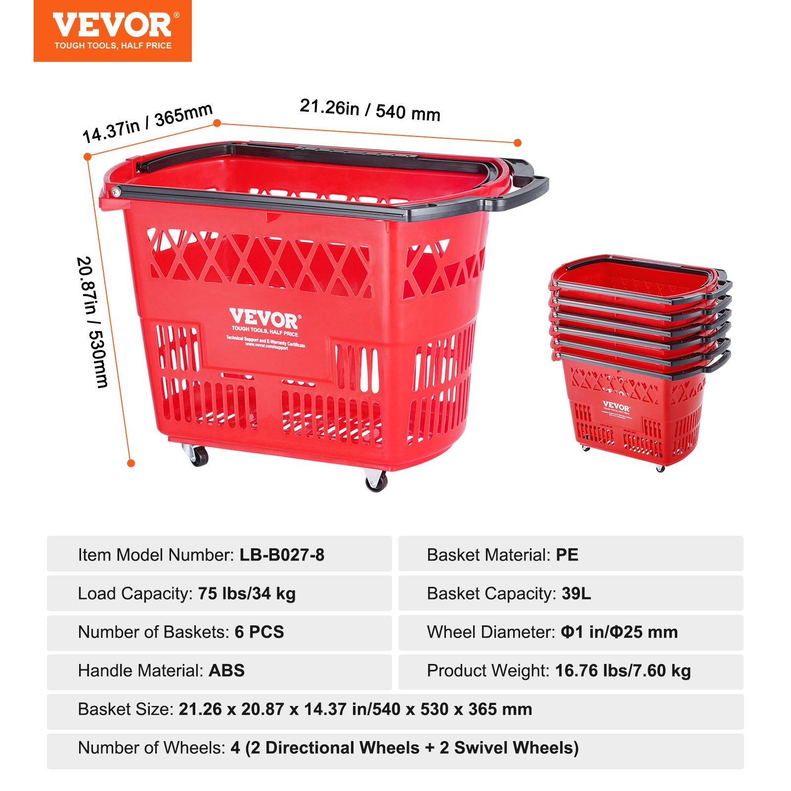 Shopping Baskets 6PCS 39L Rolling Plastic Baskets with Handles and Wheels Red